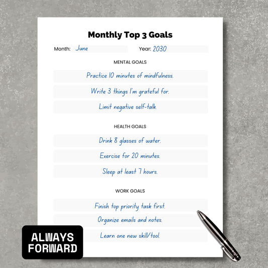 Monthly Top 3 Goals Planner
