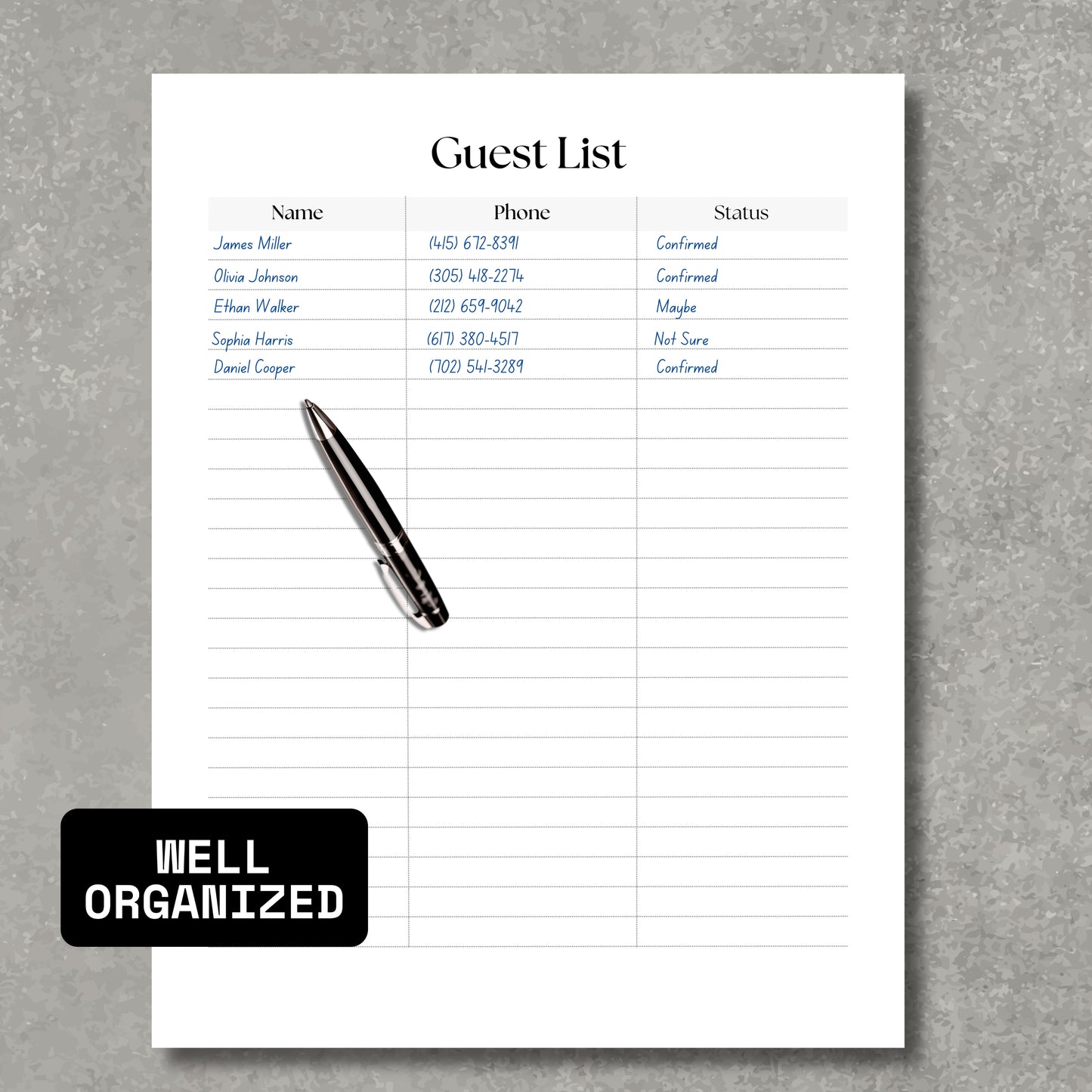 Guest List Paper Sheet