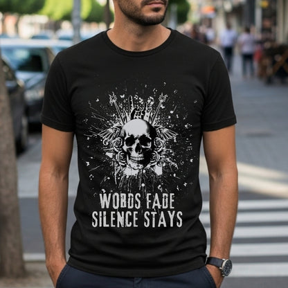 Words Fade Silence Stays - Skull Rose Explosion Statement Artwork
