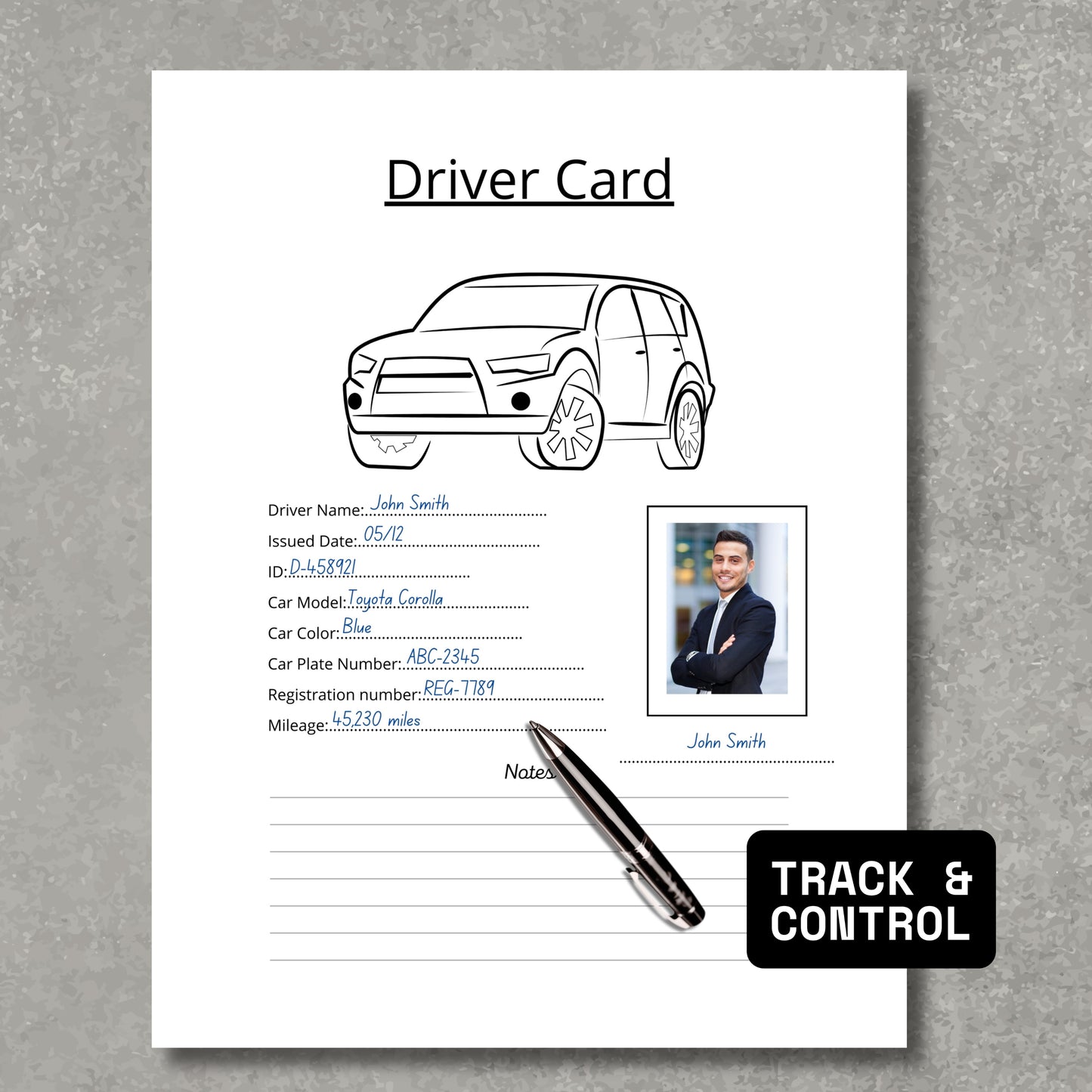 Mileage Tracker + Driver Card Paper Sheets x2