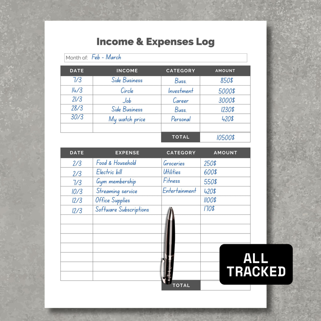 Income & Expenses Log Sheet