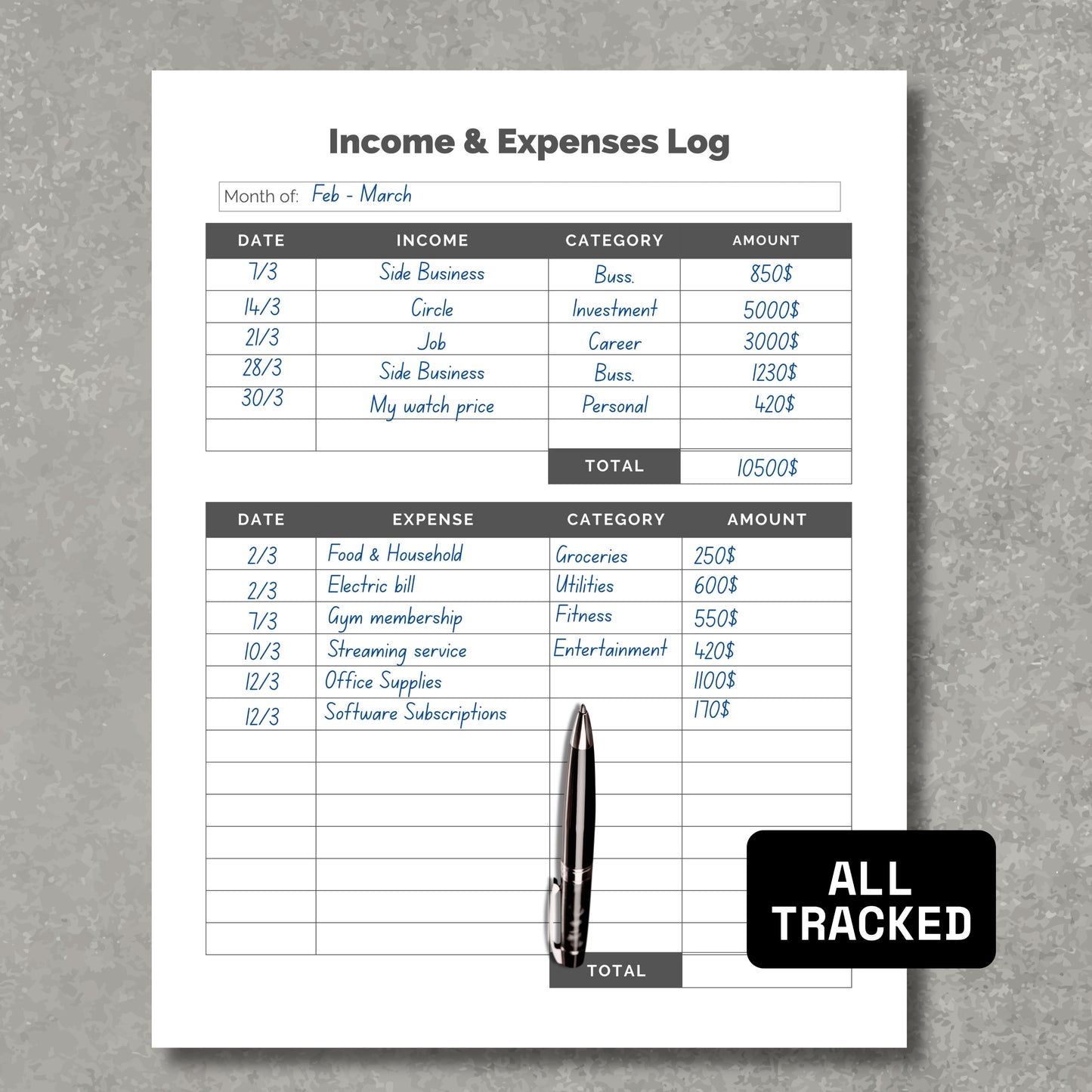 Income & Expenses Log Sheet