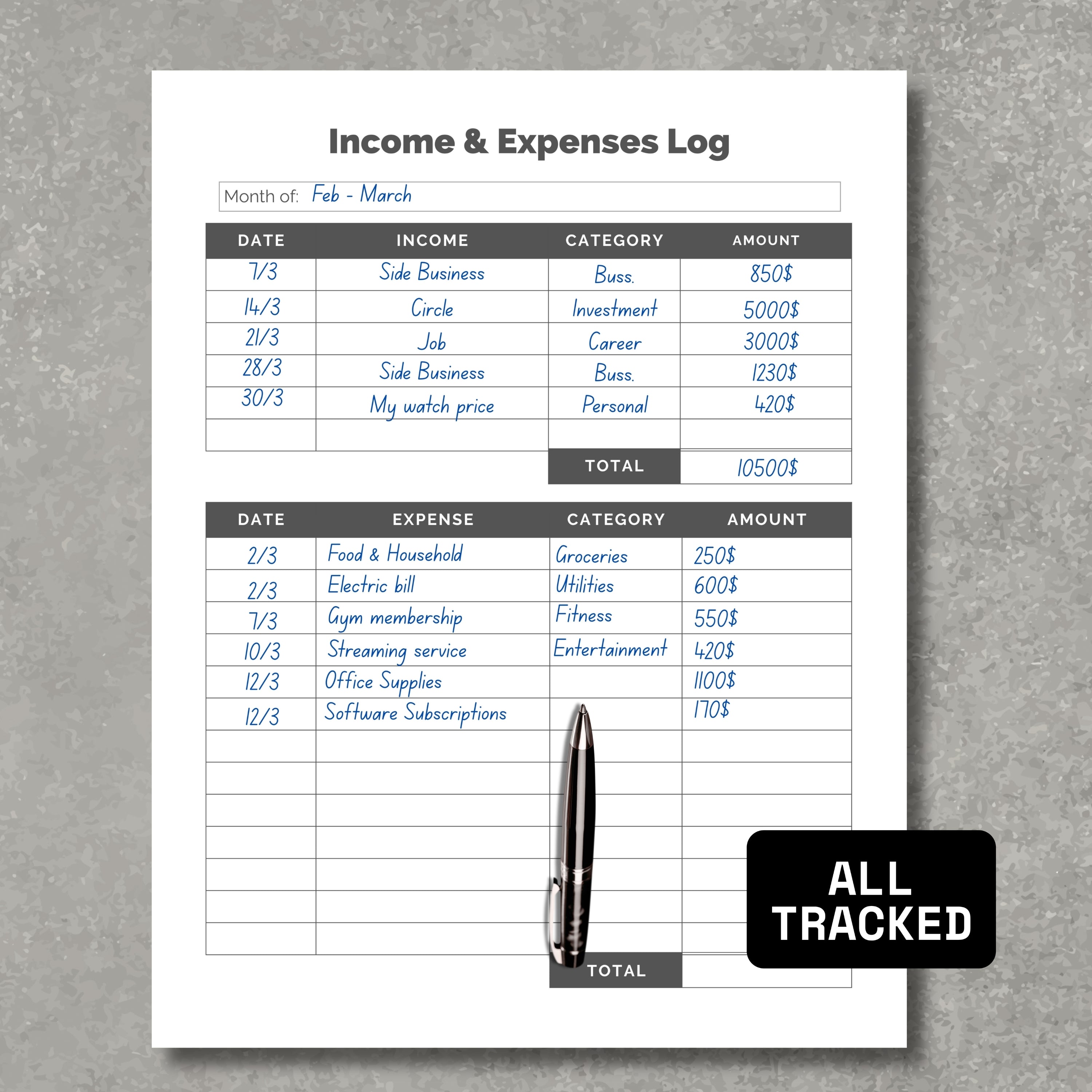 Income & Expenses Log Sheet