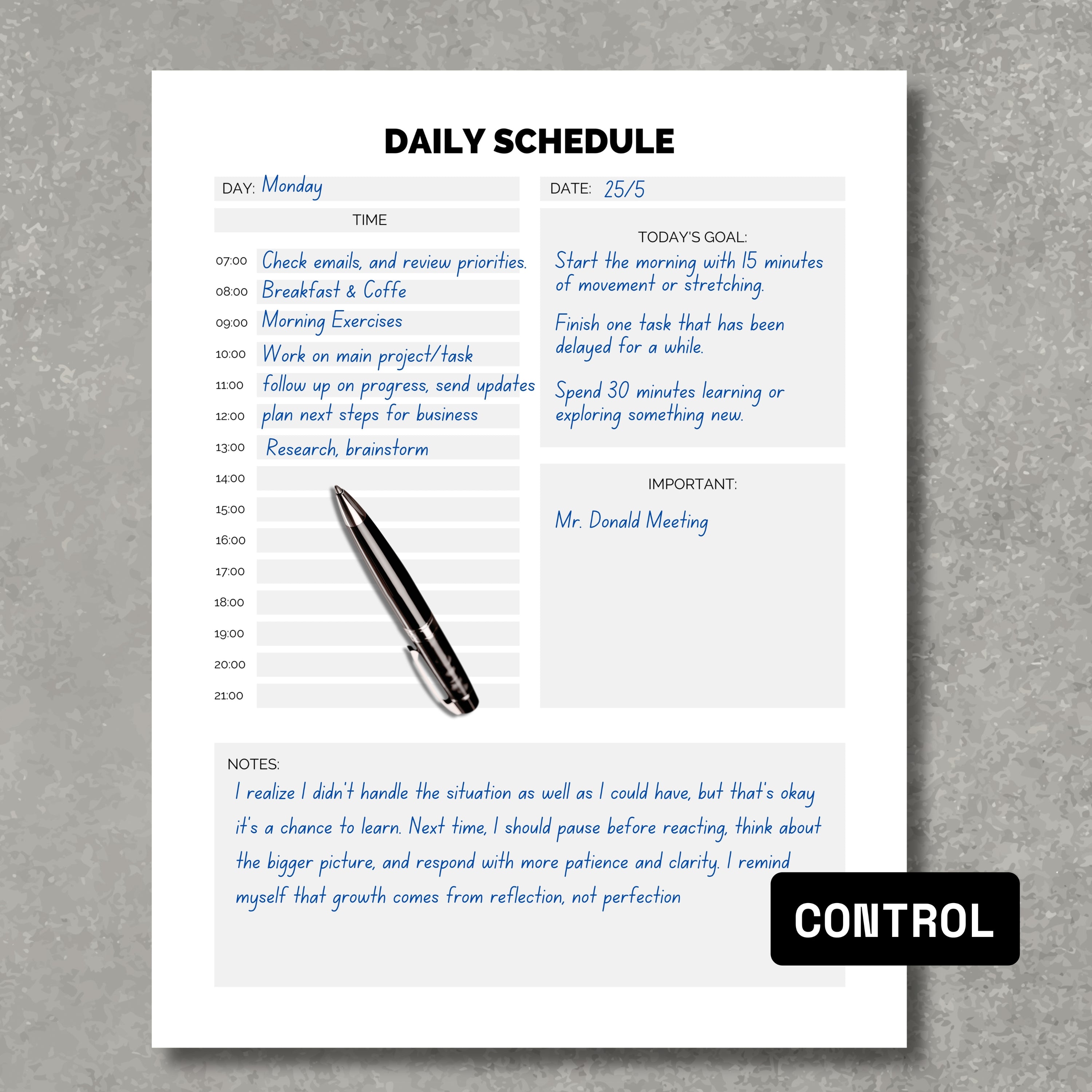 Daily Scheduler Paper Sheet