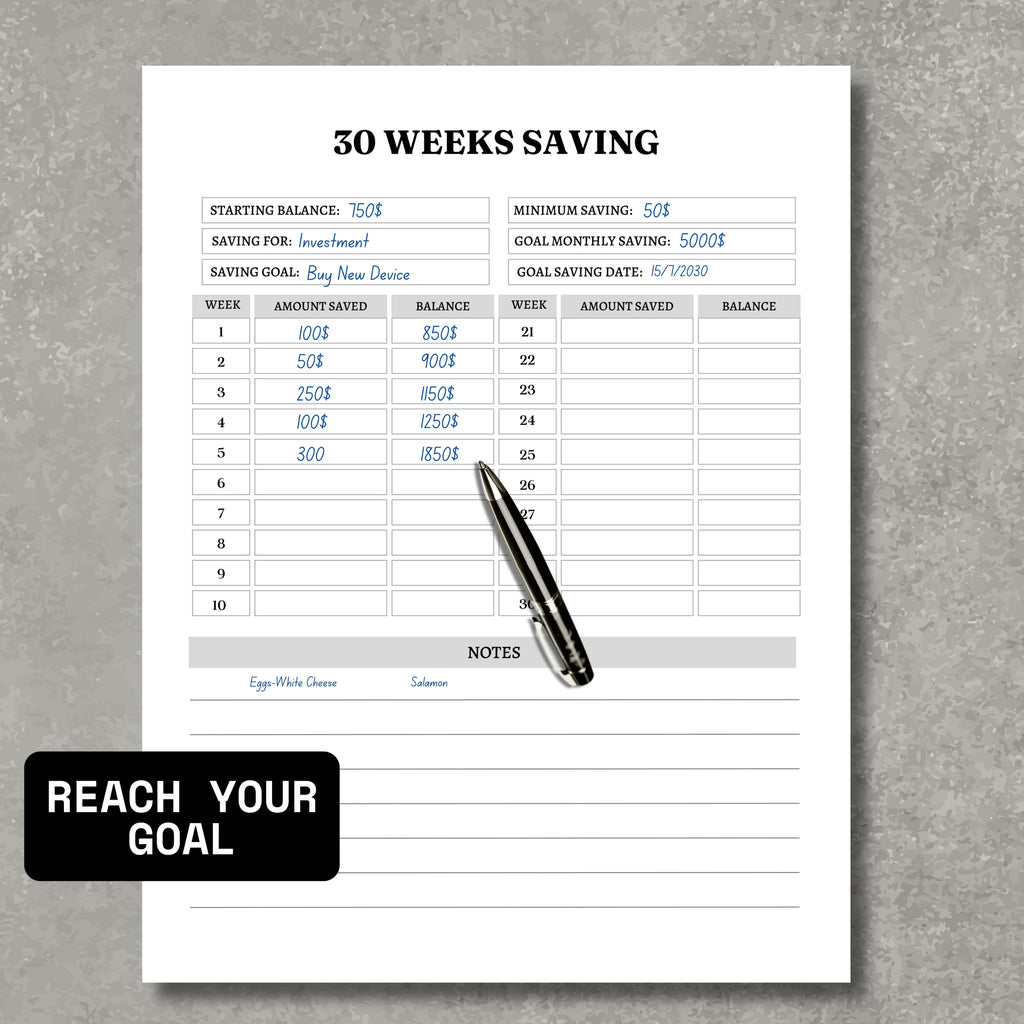 30 Weeks Saving Tracker
