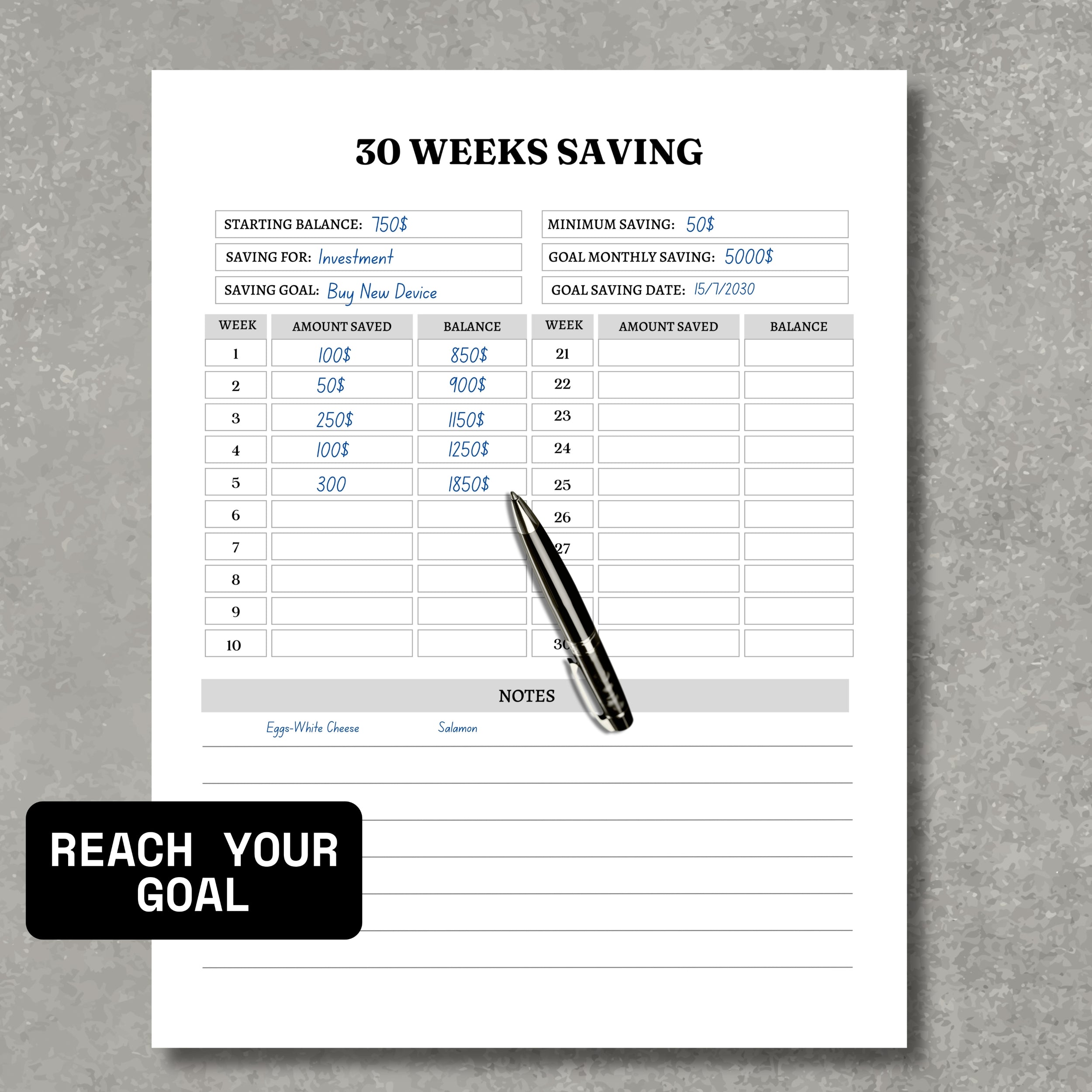30 Weeks Saving Tracker