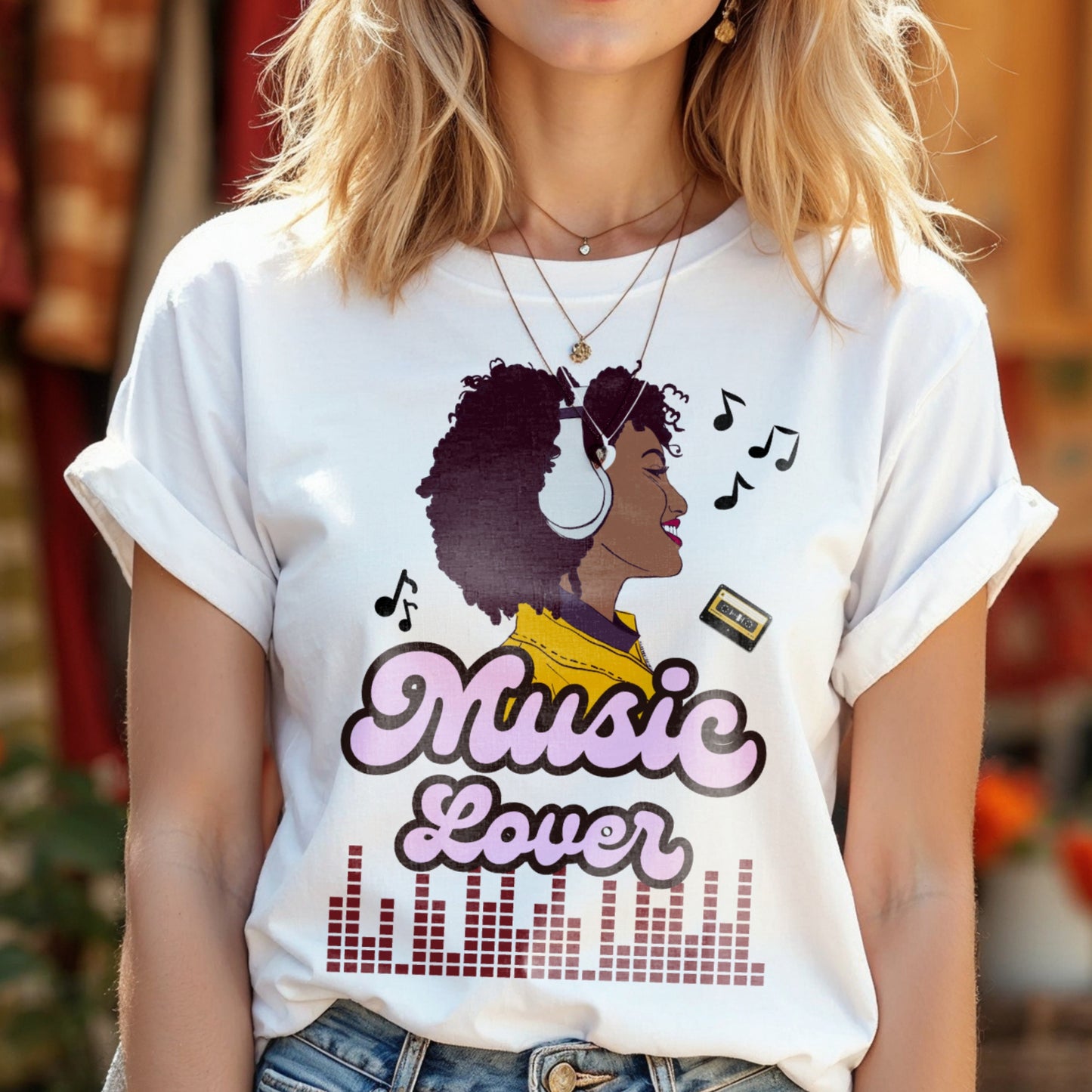 Music Lover - Illustrated Woman with Headphones Pink Script Equalizer Design Artwork