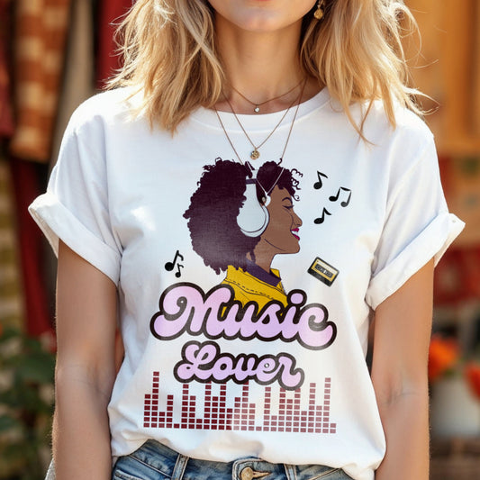 Music Lover - Illustrated Woman with Headphones Pink Script Equalizer Design Artwork