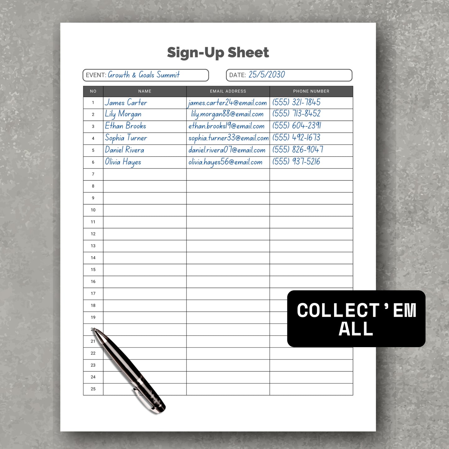 Contacts' Sign Up Sheet