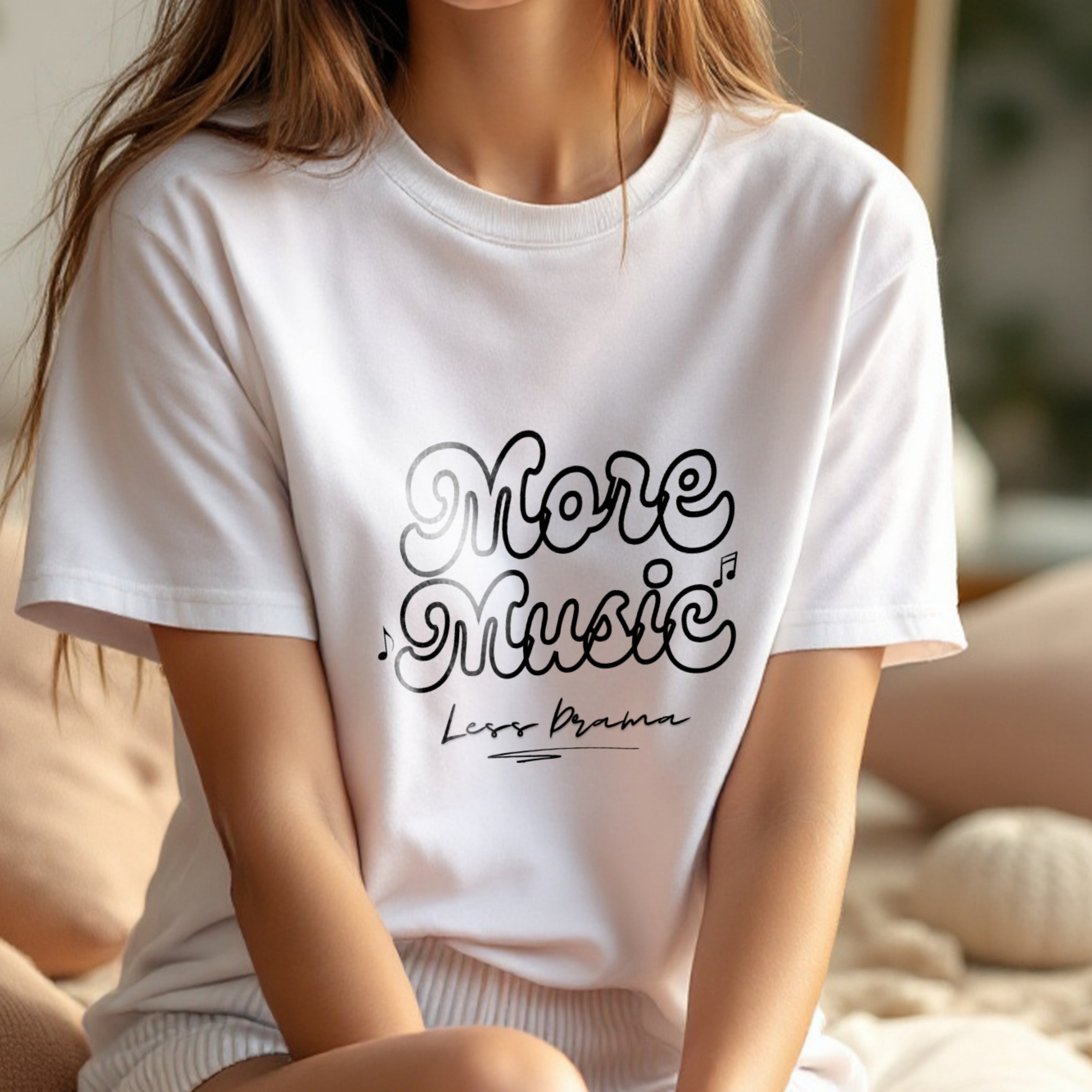 More Music Less Drama - Retro Bubble Script Musical Notes Priority Statement Artwork