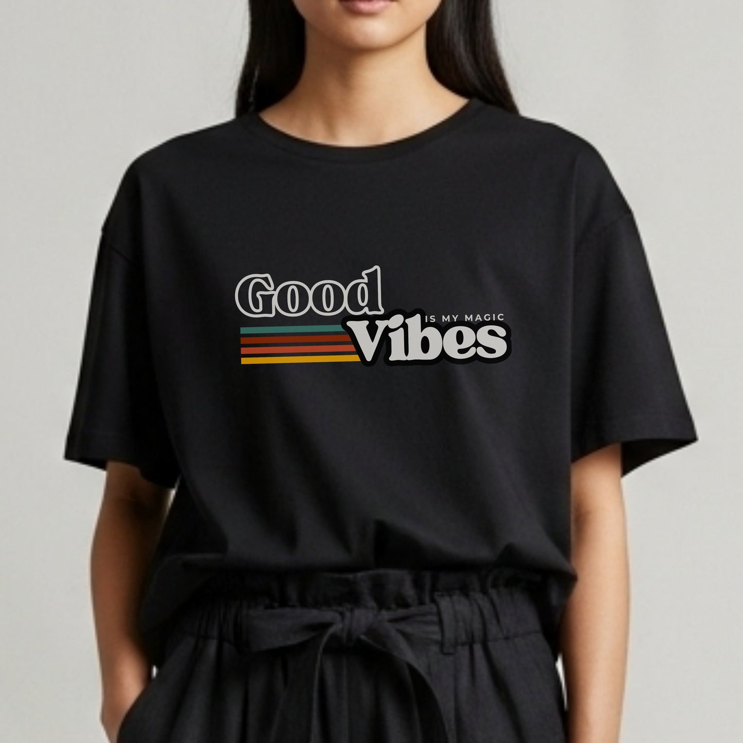 Good Vibes Is My Magic - Retro Striped Typography Positivity Mantra Statement Artwork