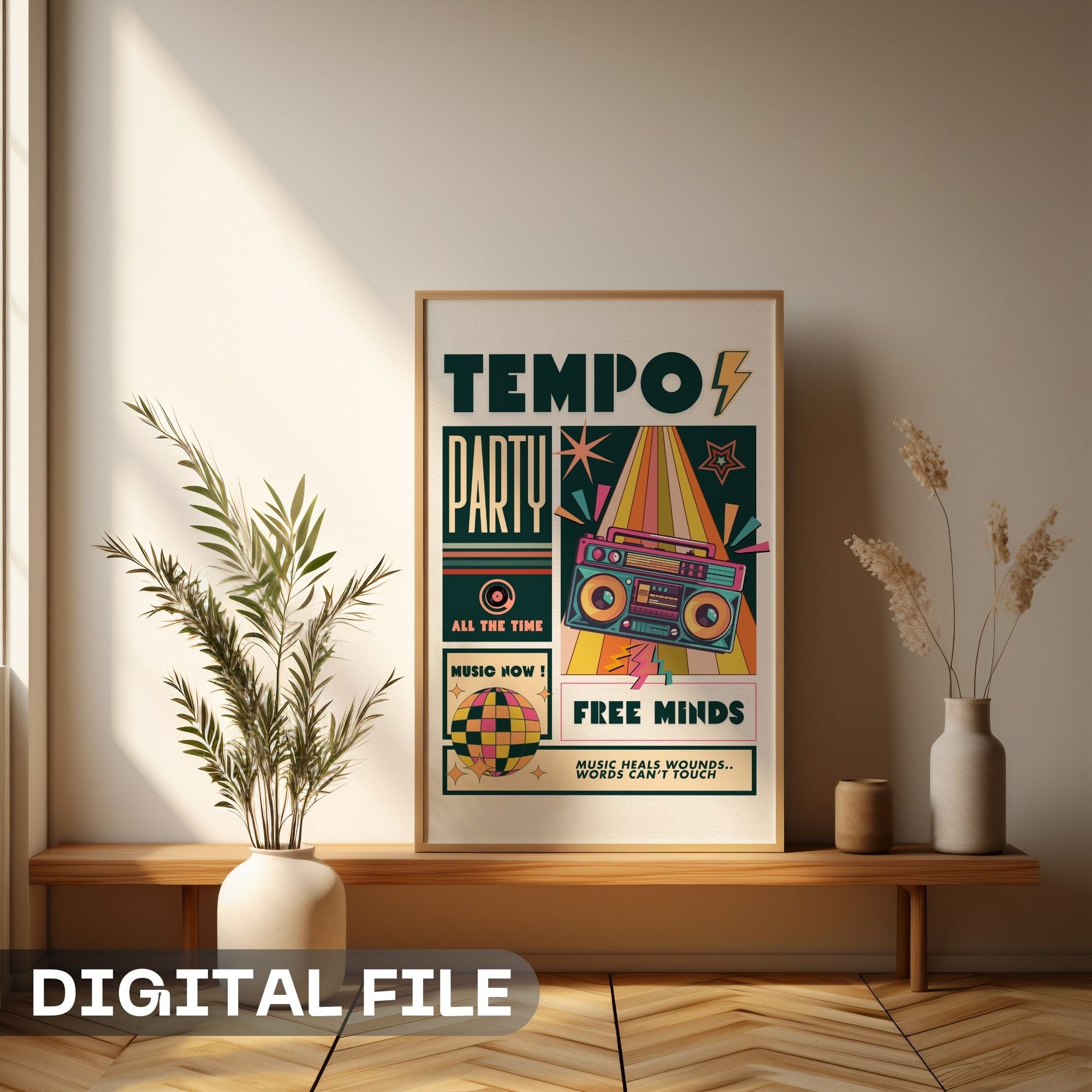 Tempo Party - Music Heals Wounds, Free Minds Retro Wall Art
