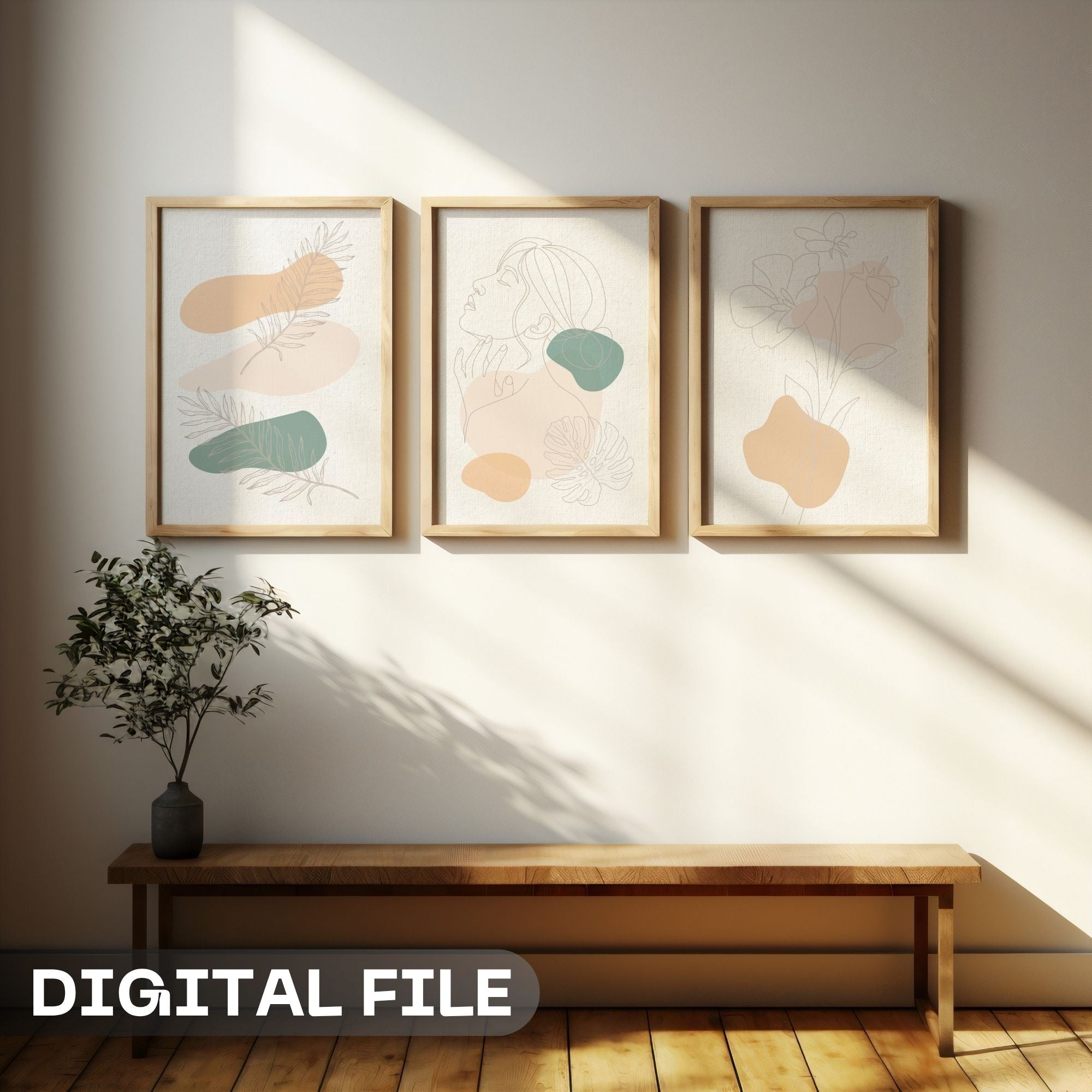 Minimalist Botanical Abstract Art Set - 3-Piece Line Drawing Wall Art Collection | Modern Organic Shapes