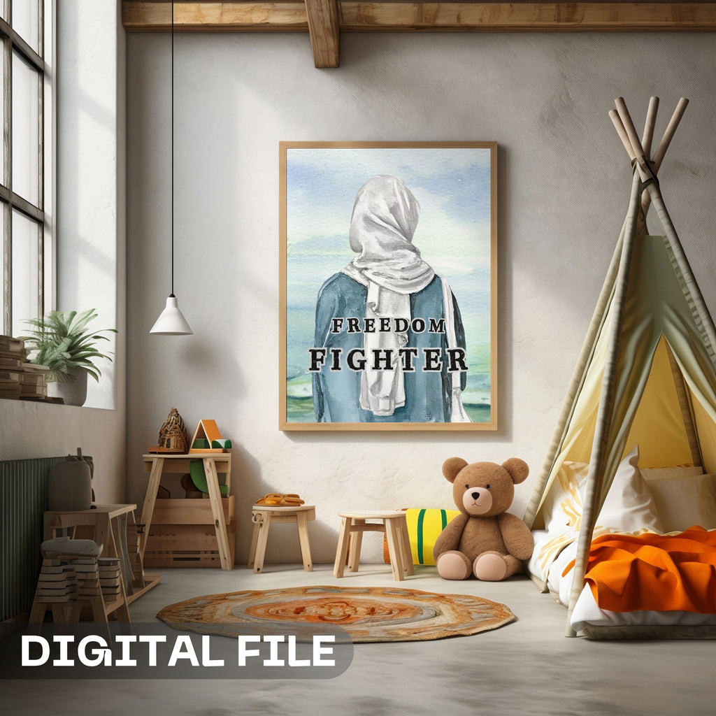 Freedom Fighter - Watercolor Empowerment Muslim Woman Portrait