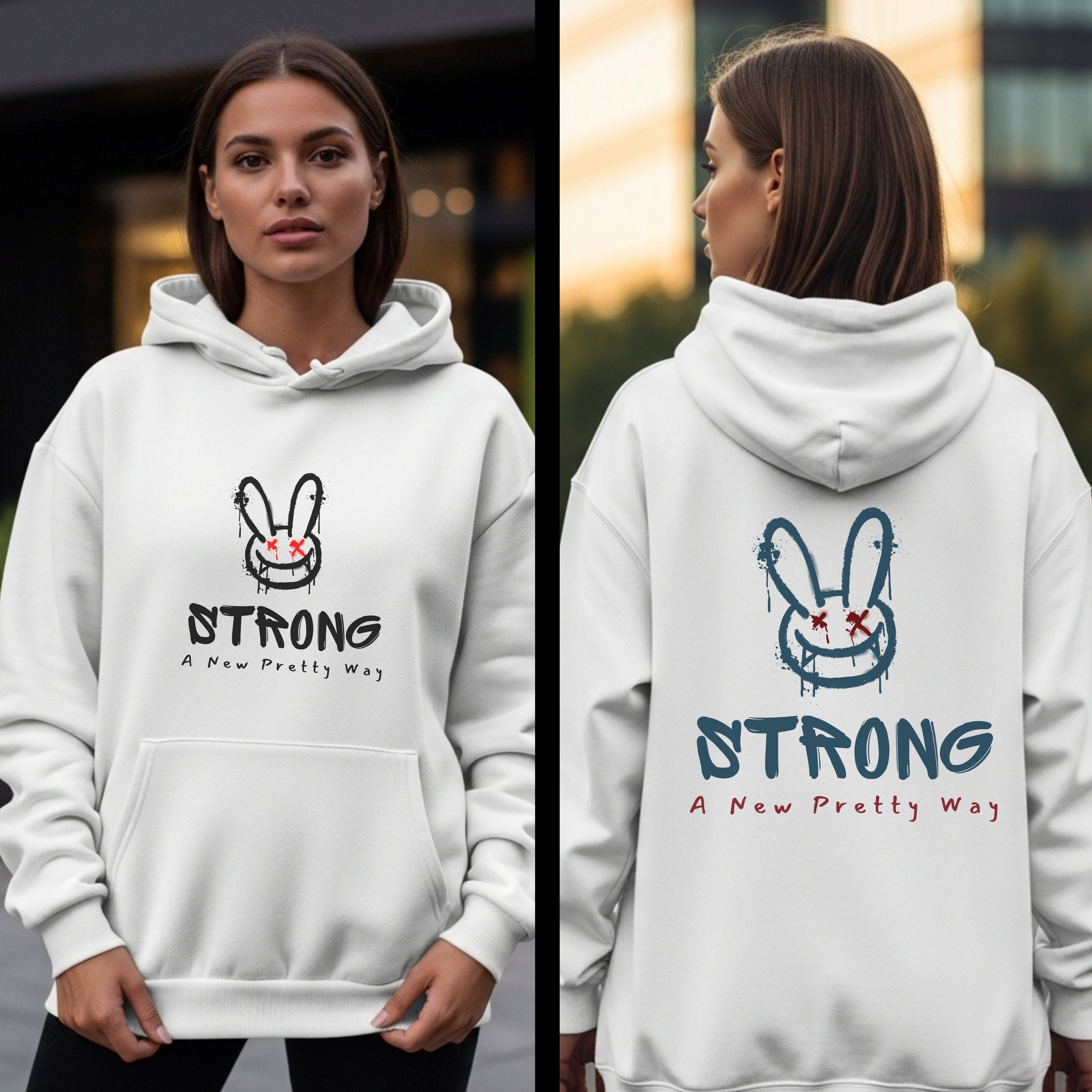 Strong A New Pretty Way - Graffiti Bunny with Red X Eyes Edgy Feminine Power Statement Artwork