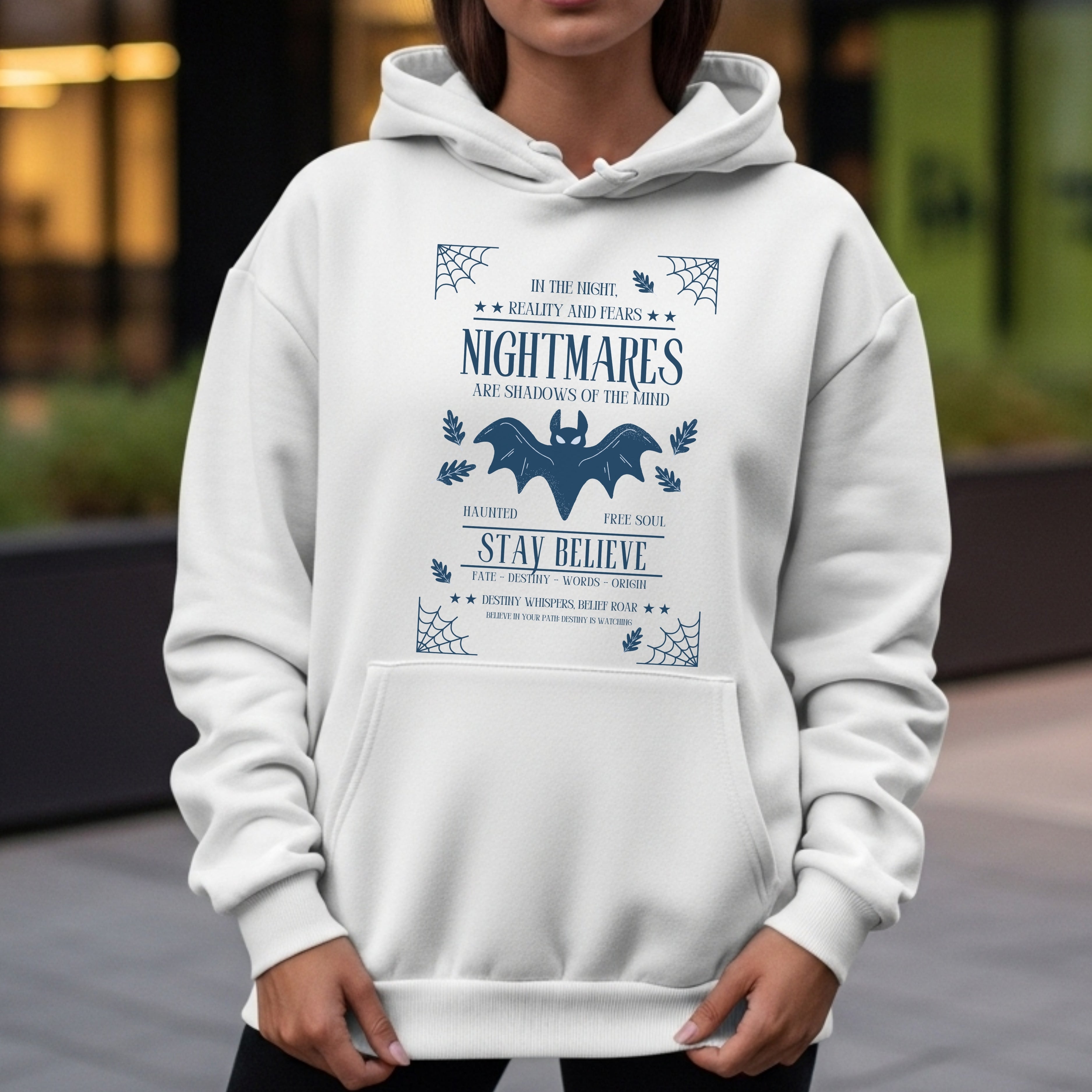 Nightmares Shadows Mind Stay Believe - Gothic Bat Halloween Typography Statement Artwork
