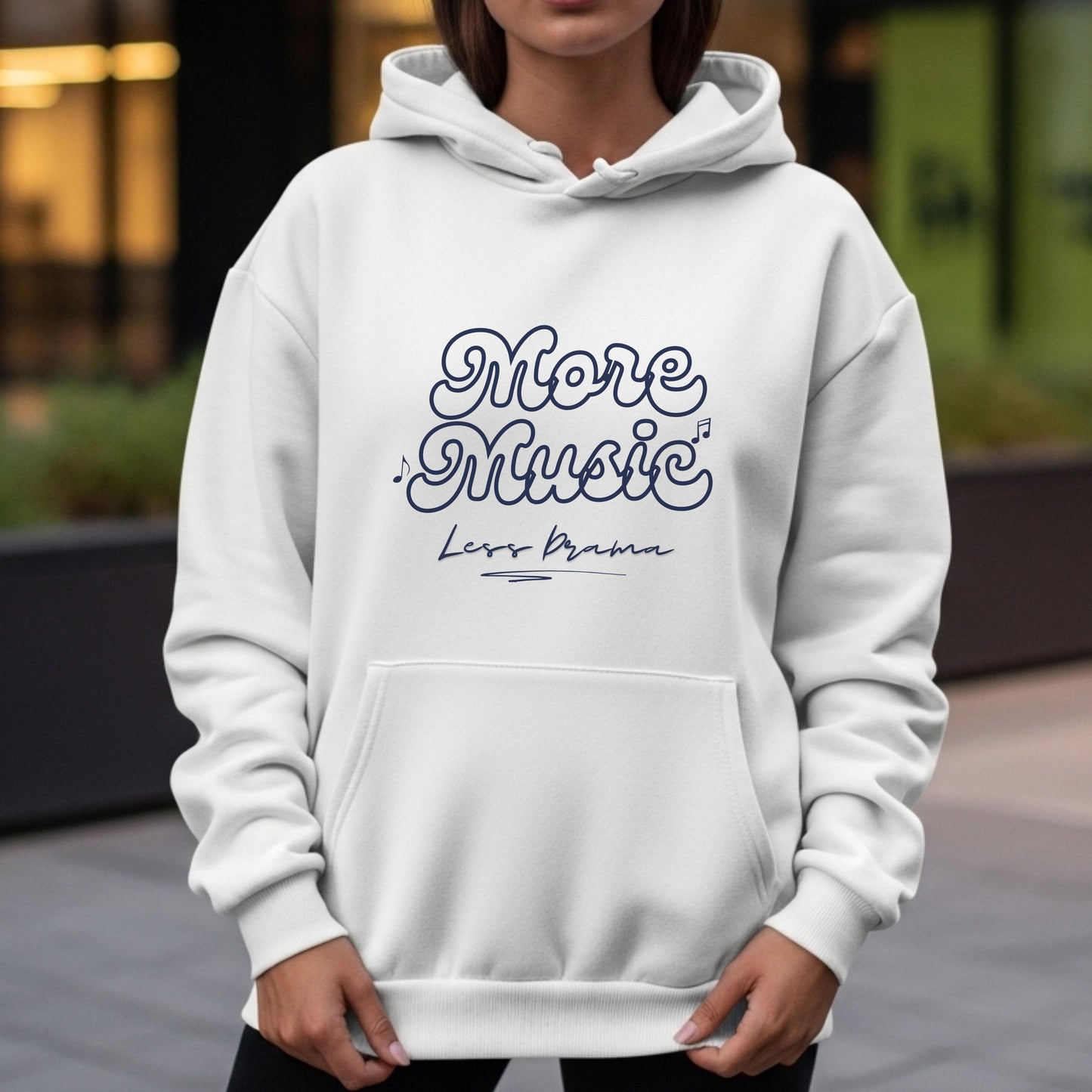 More Music Less Drama - Retro Bubble Script Musical Notes Priority Statement Artwork