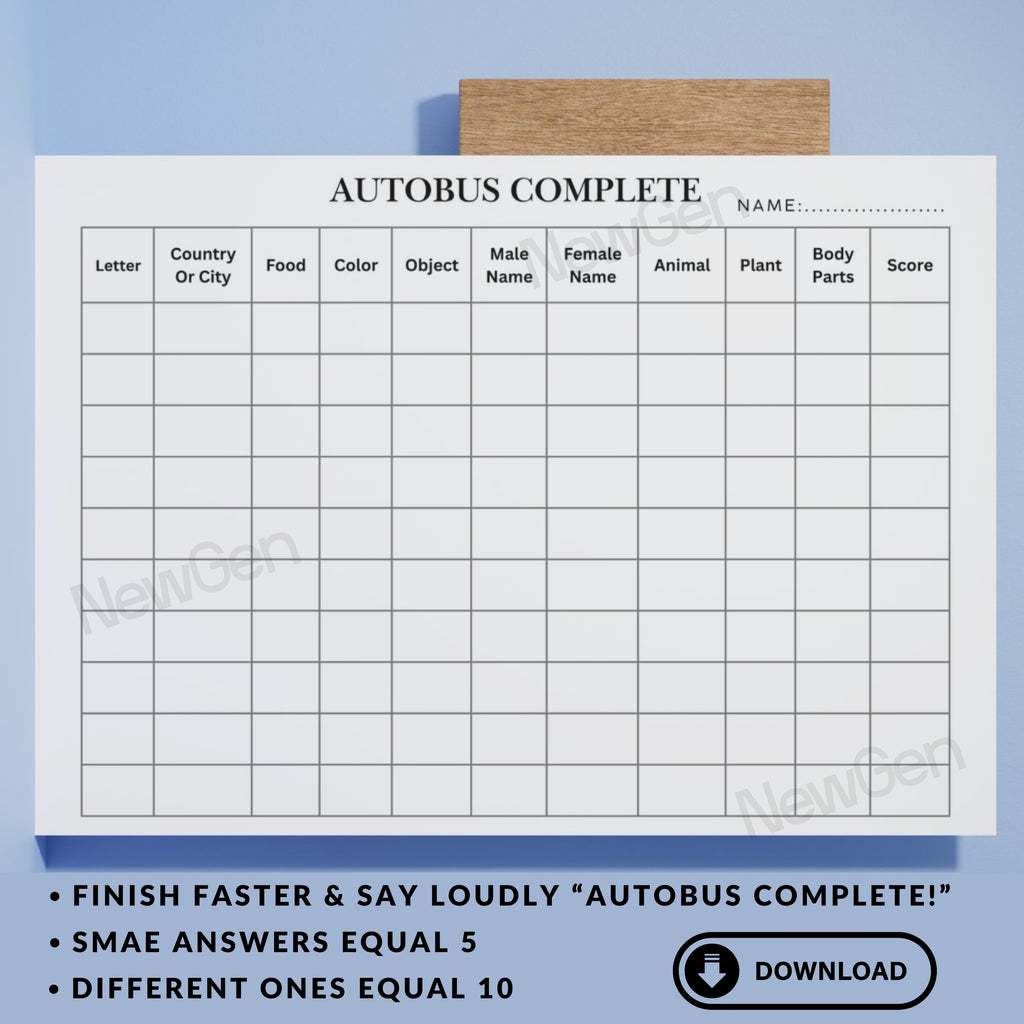 Autobus Complete Paper Game Form
