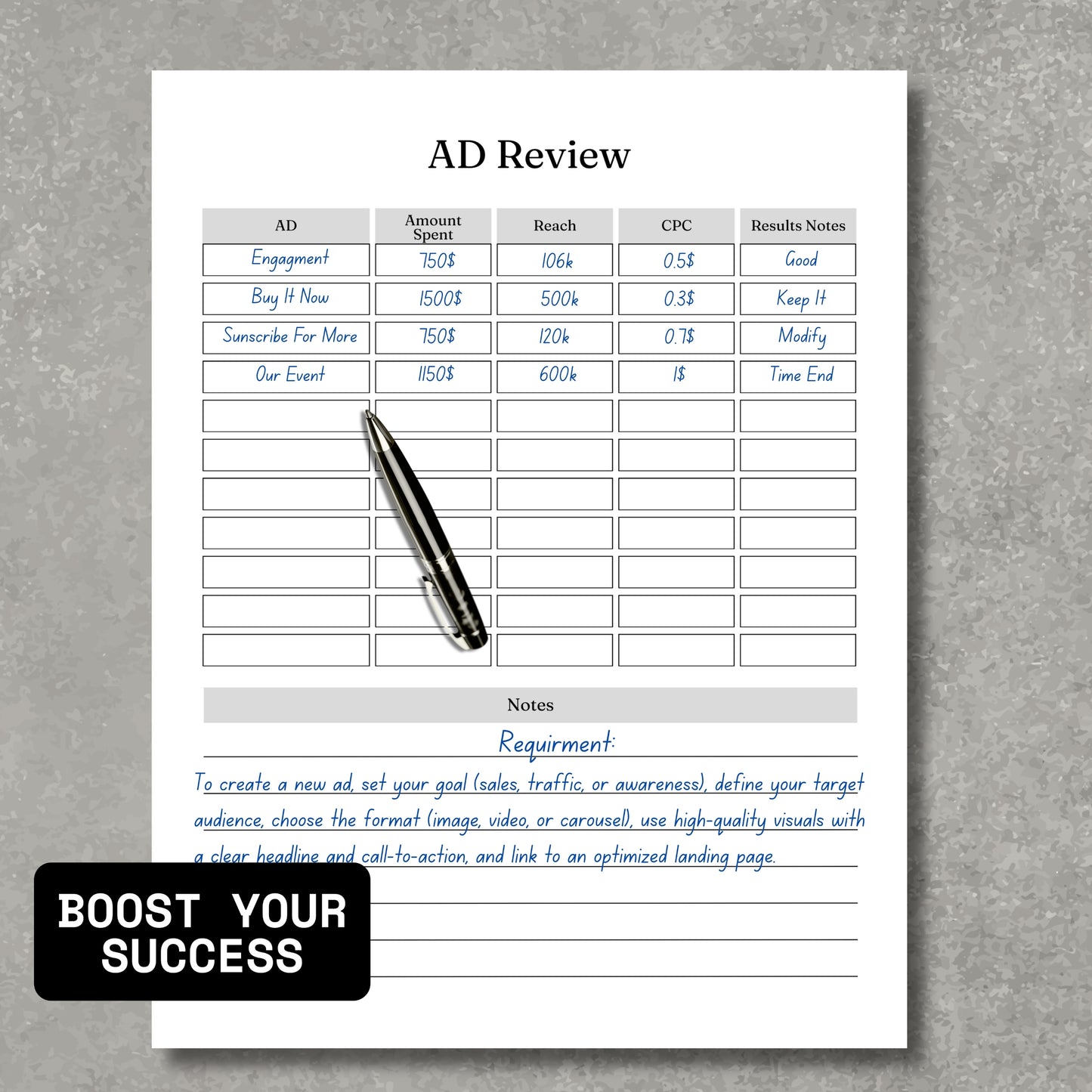 Online Ads Quick Review Paper Sheet