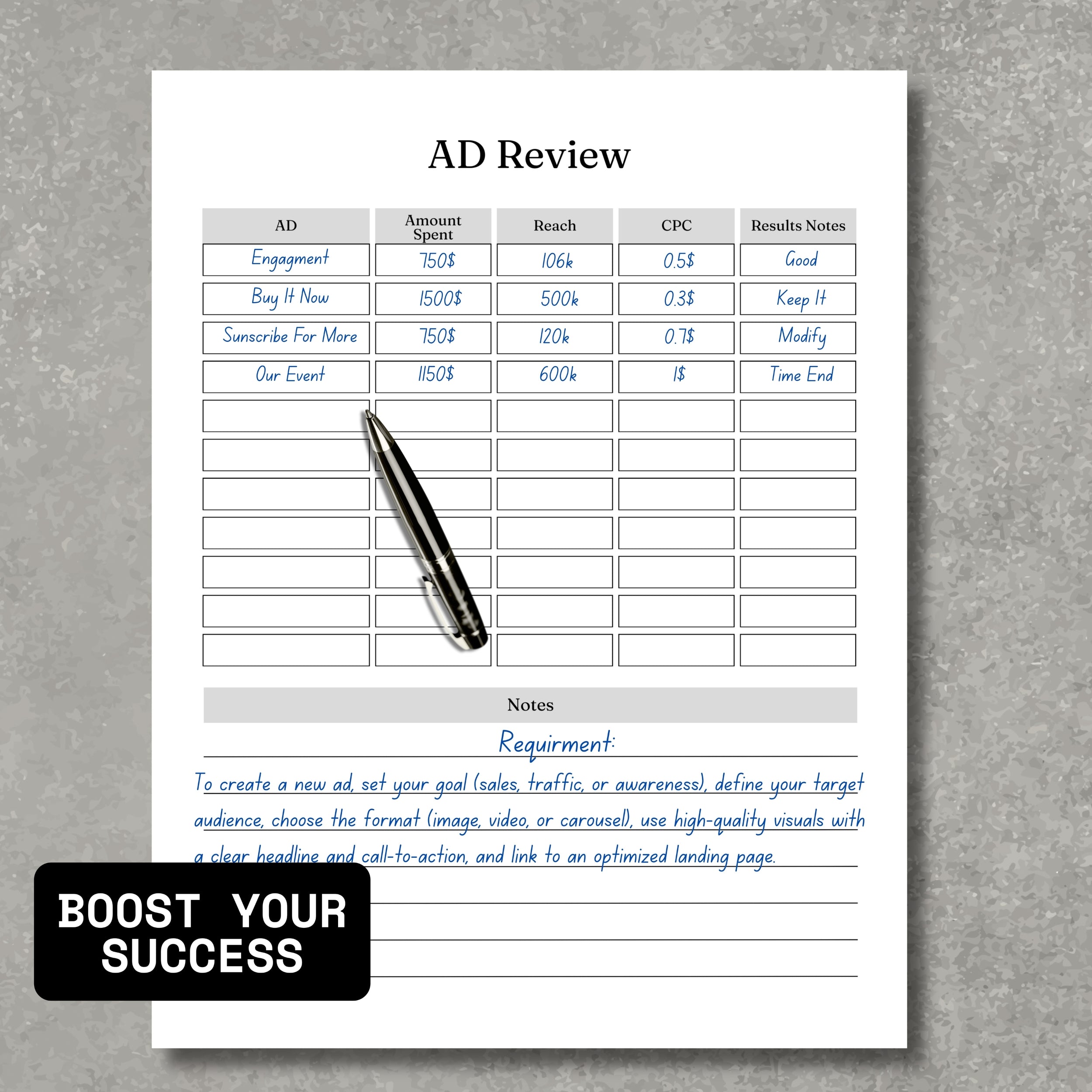 Online Ads Quick Review Paper Sheet