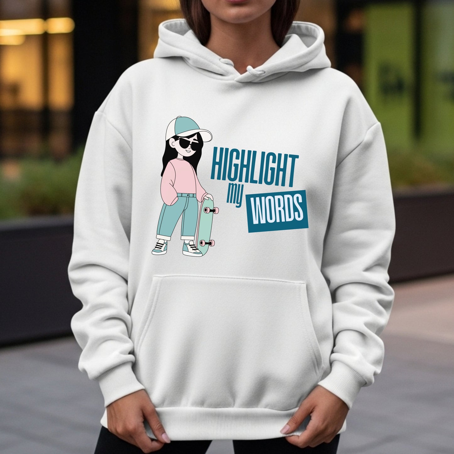 Highlight My Words - Cool Girl with Skateboard Confidence Expression Statement Artwork