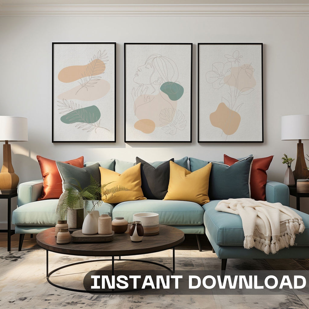 Minimalist Botanical Abstract Art Set - 3-Piece Line Drawing Wall Art Collection | Modern Organic Shapes