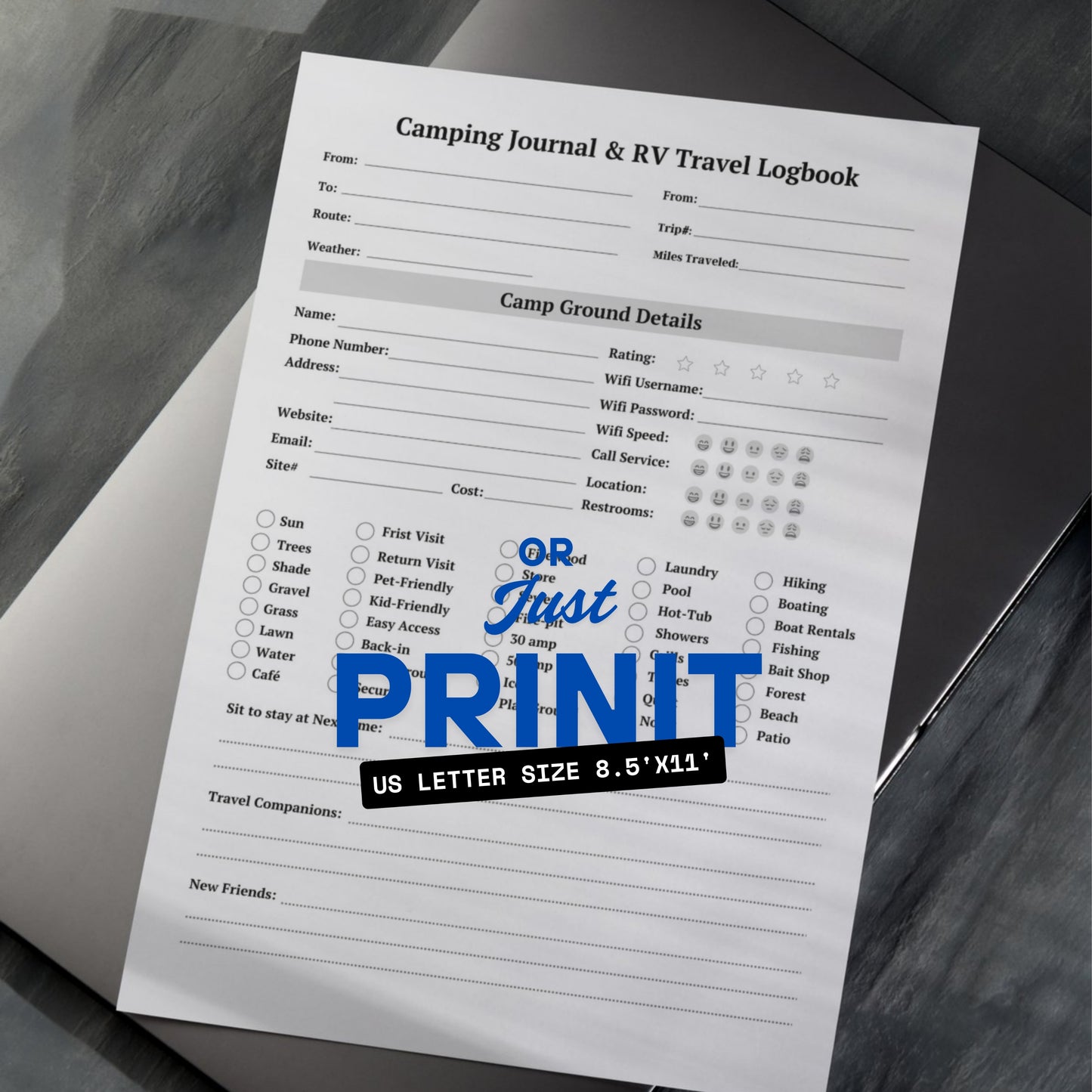 Camping Journal & RV Travel Logbook Sheets x2