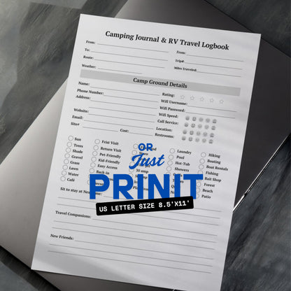Camping Journal & RV Travel Logbook Sheets x2