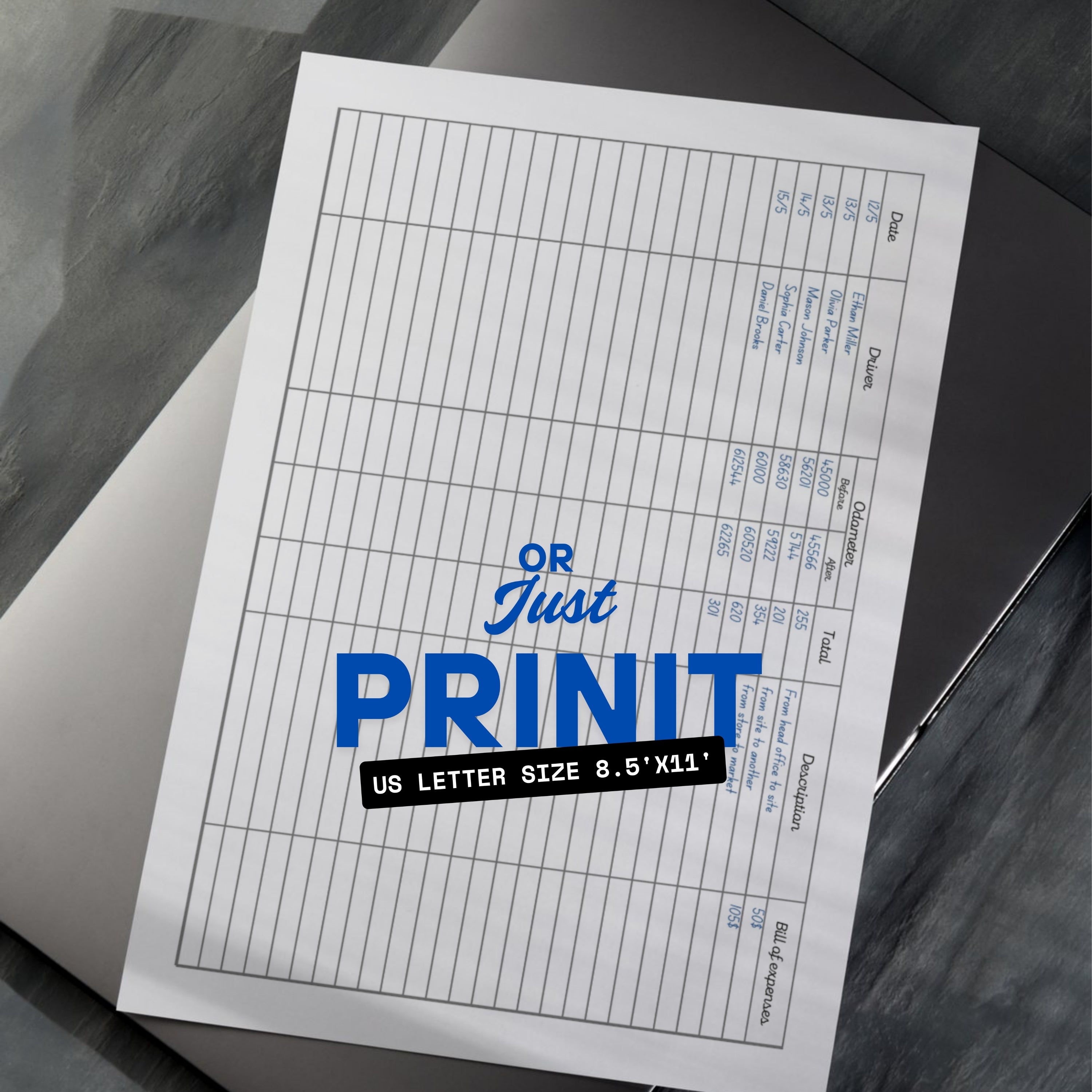 Mileage Tracker + Driver Card Paper Sheets x2