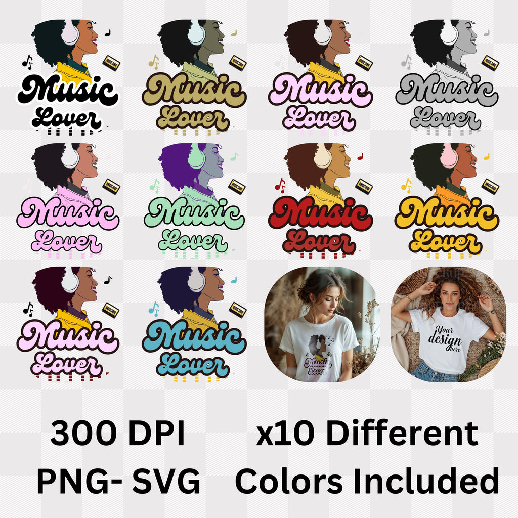 Music Lover - Illustrated Woman with Headphones Pink Script Equalizer Design Artwork