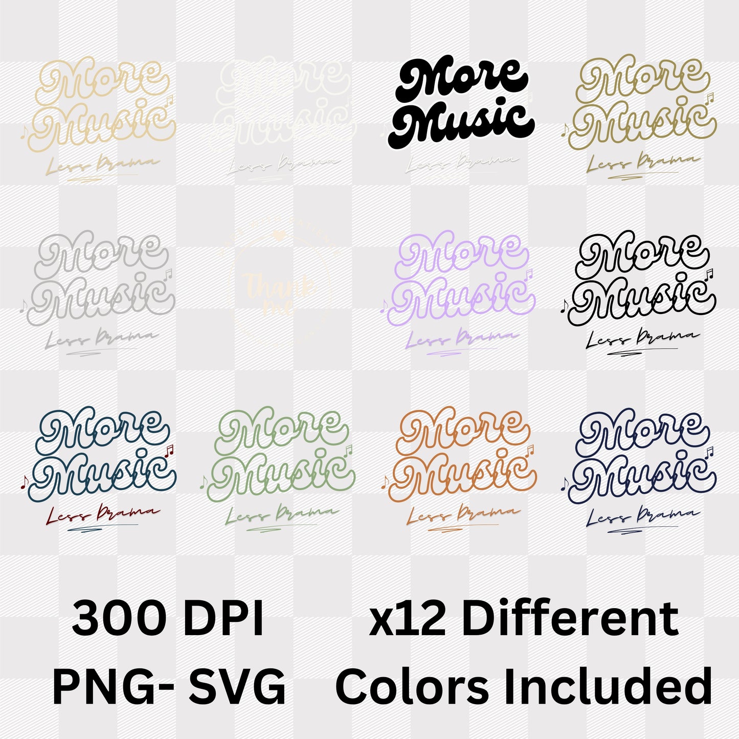 More Music Less Drama - Retro Bubble Script Musical Notes Priority Statement Artwork