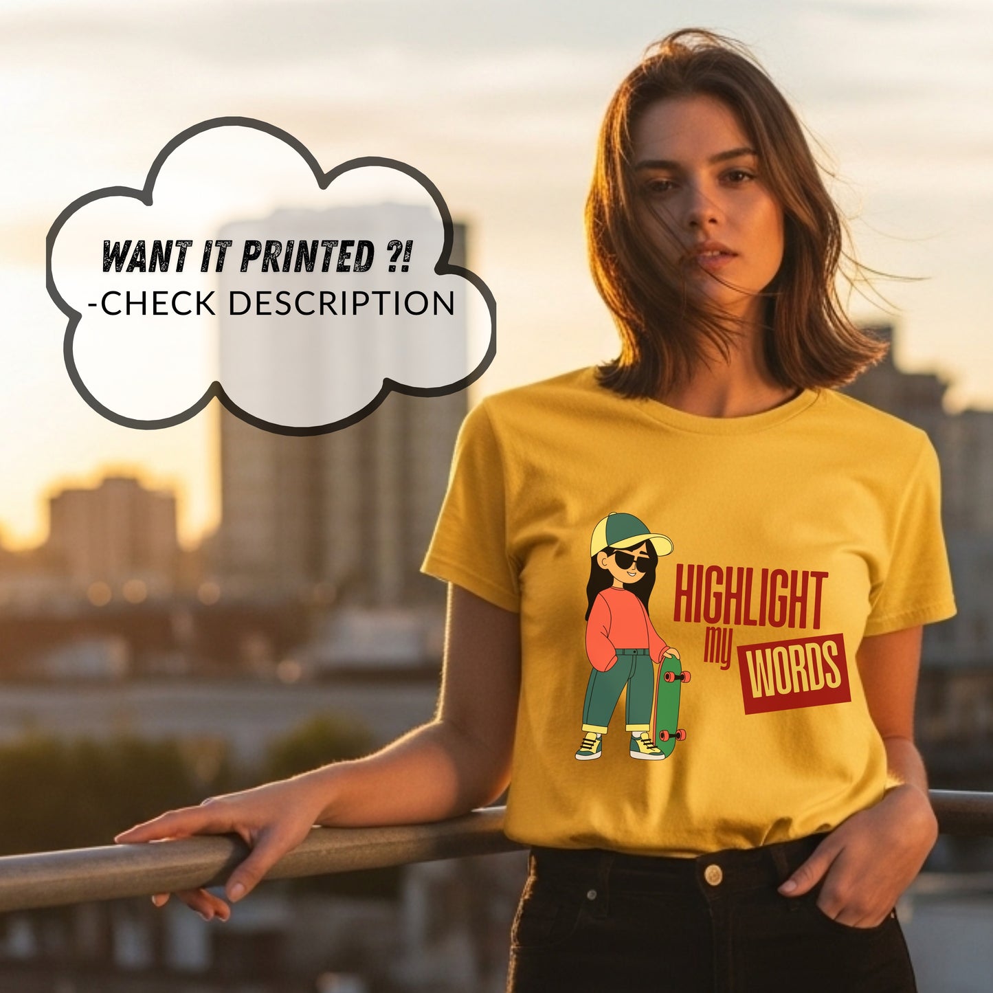 Highlight My Words - Cool Girl with Skateboard Confidence Expression Statement Artwork