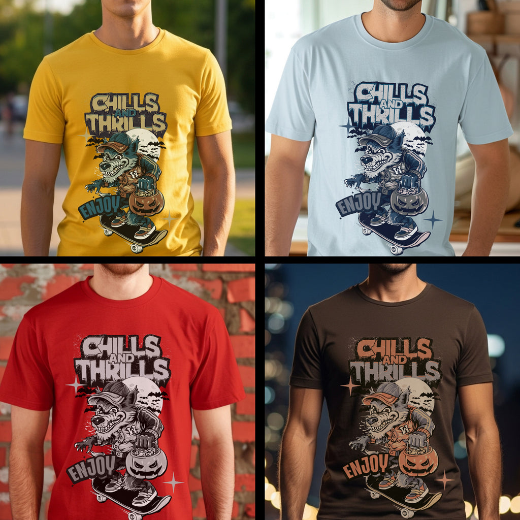 Chills And Thrills Enjoy - Halloween Wolf Skateboard Statement Artwork