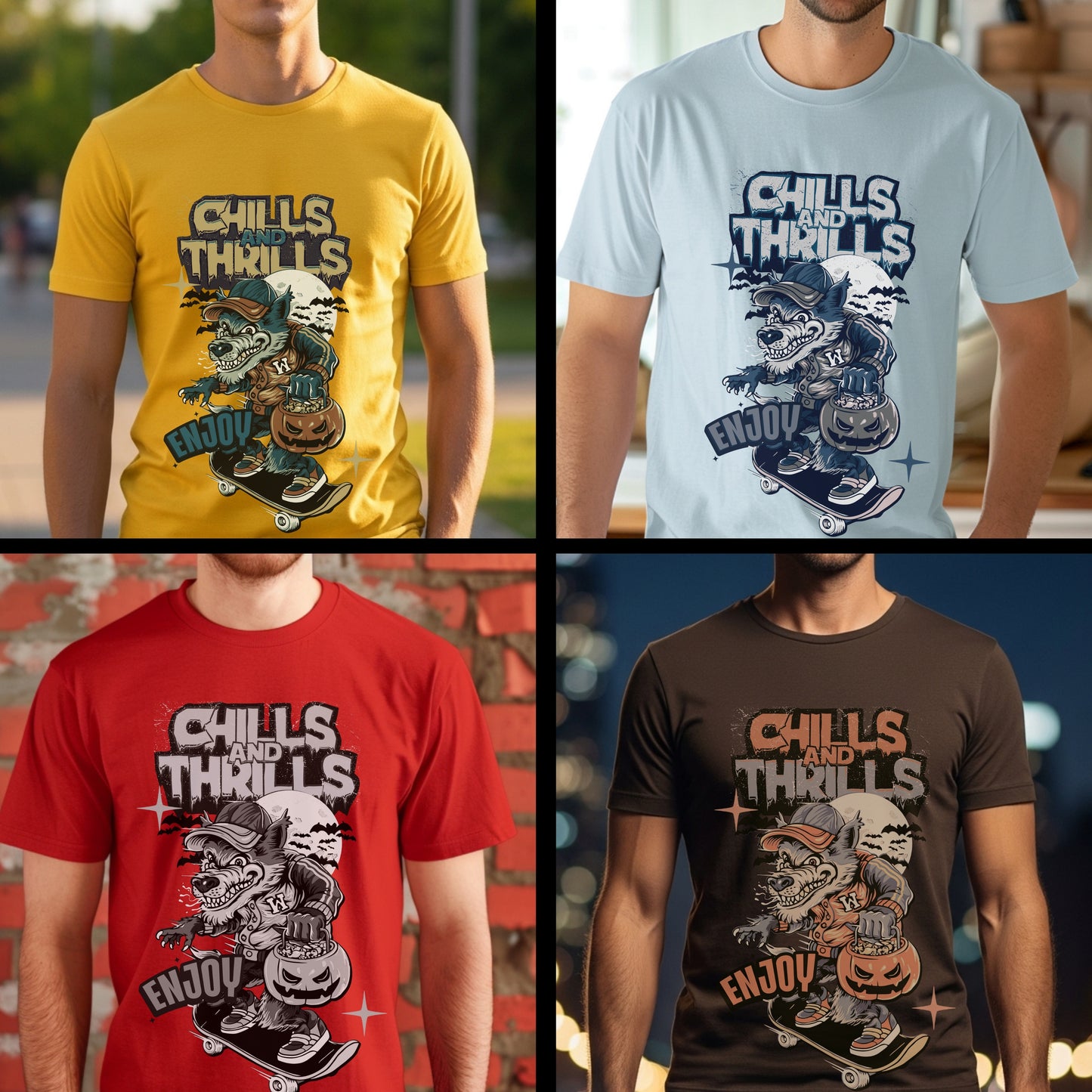 Chills And Thrills Enjoy - Halloween Wolf Skateboard Statement Artwork
