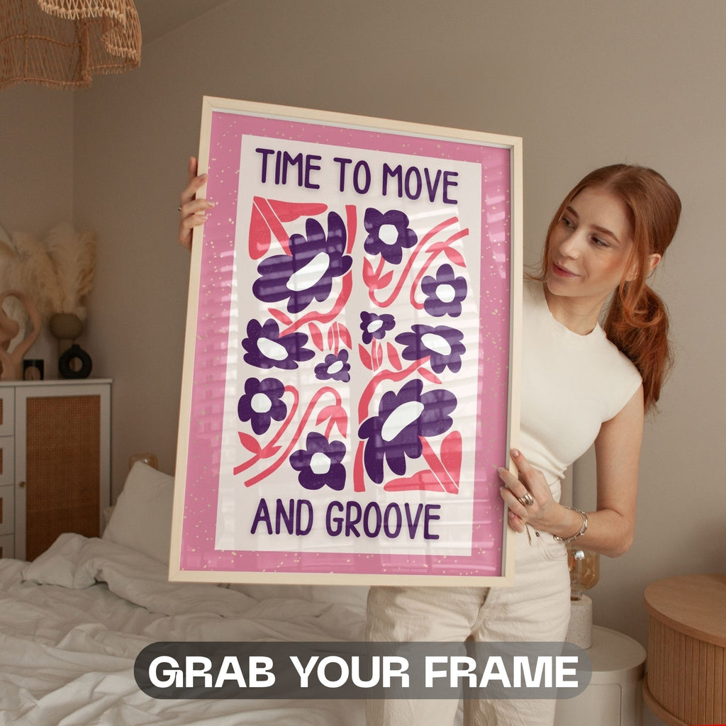 Time To Move And Groove - Retro Floral Dance Wall Art Print | Playful Typography Poster