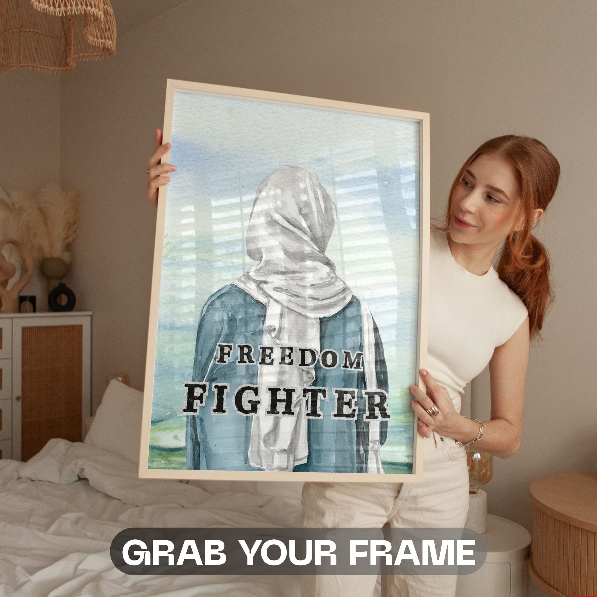 Freedom Fighter - Watercolor Empowerment Muslim Woman Portrait