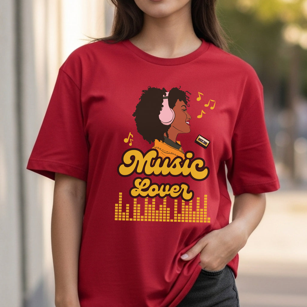 Music Lover - Illustrated Woman with Headphones Pink Script Equalizer Design Artwork