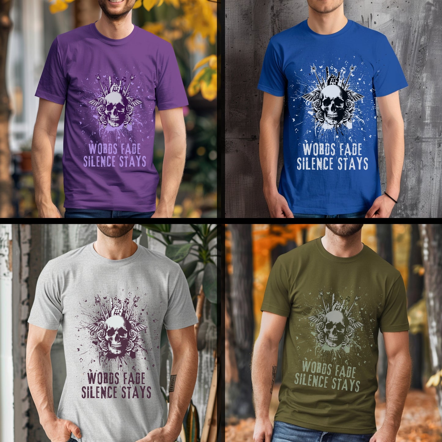 Words Fade Silence Stays - Skull Rose Explosion Statement Artwork