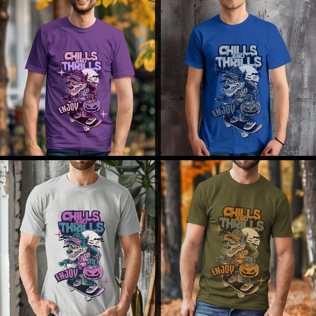 Chills And Thrills Enjoy - Halloween Wolf Skateboard Statement Artwork