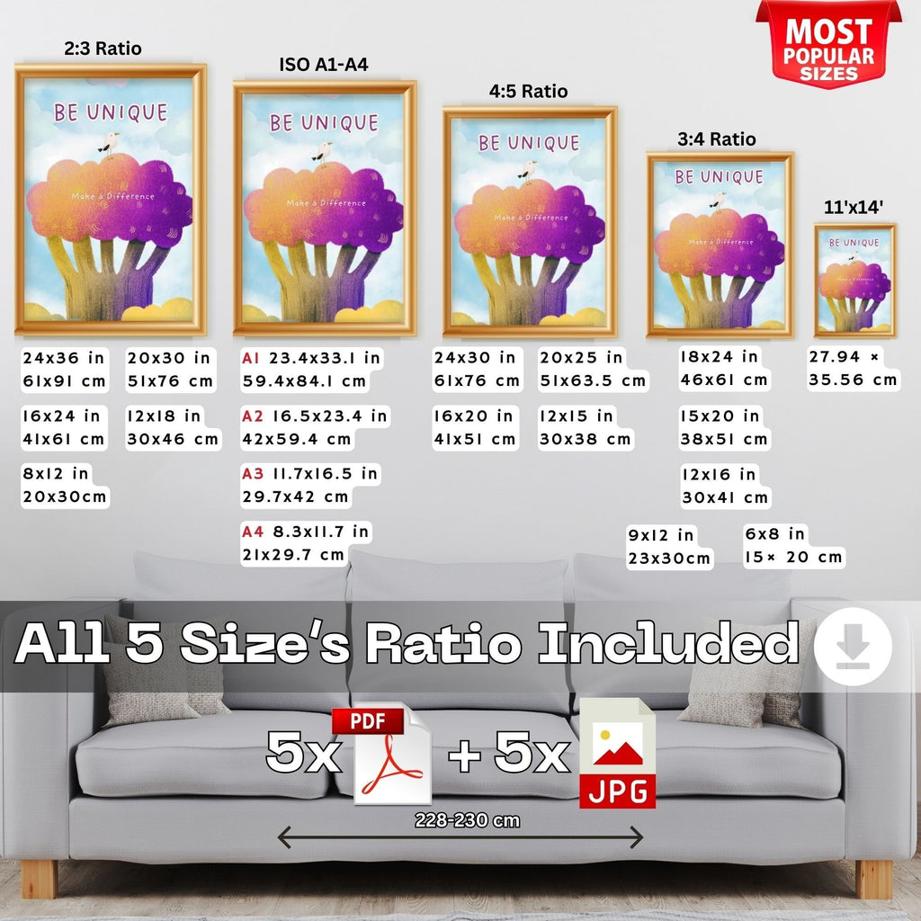 Be Unique - Inspirational Wall Art with Vibrant Rainbow Trees