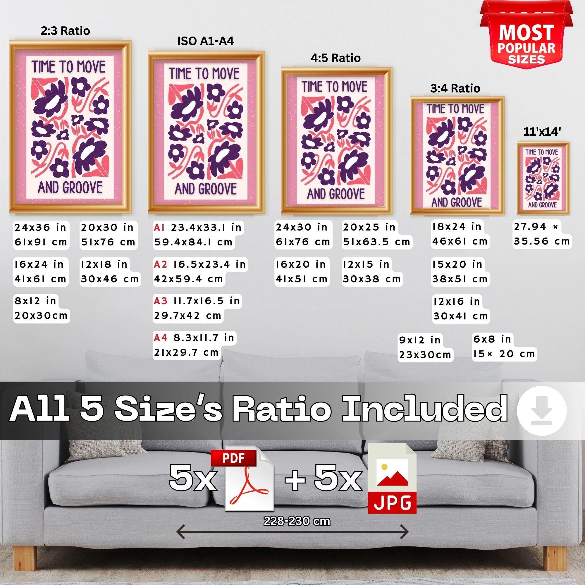 Time To Move And Groove - Retro Floral Dance Wall Art Print | Playful Typography Poster