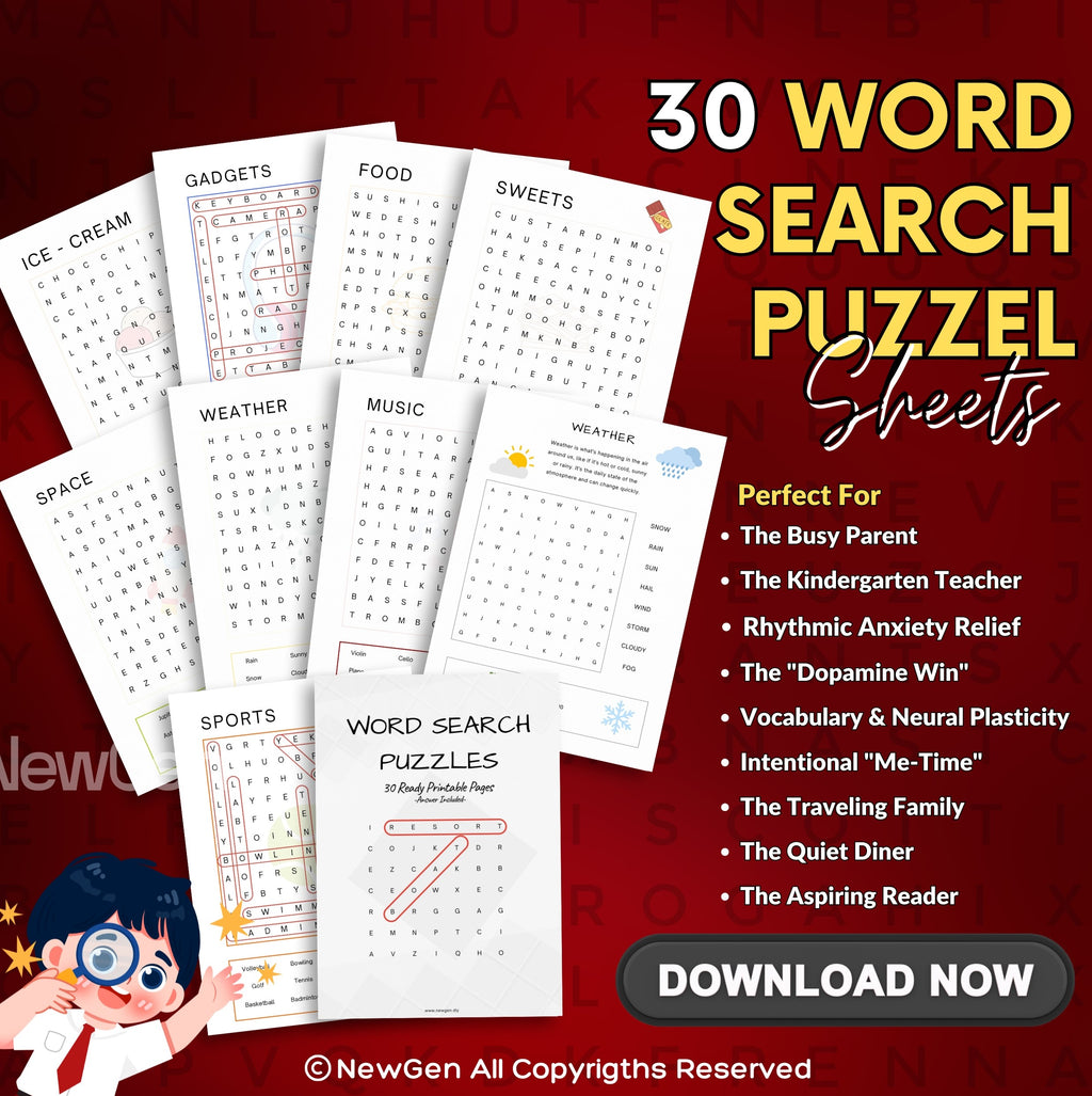Kids' Word Search Puzzle - 30 Educational Themes