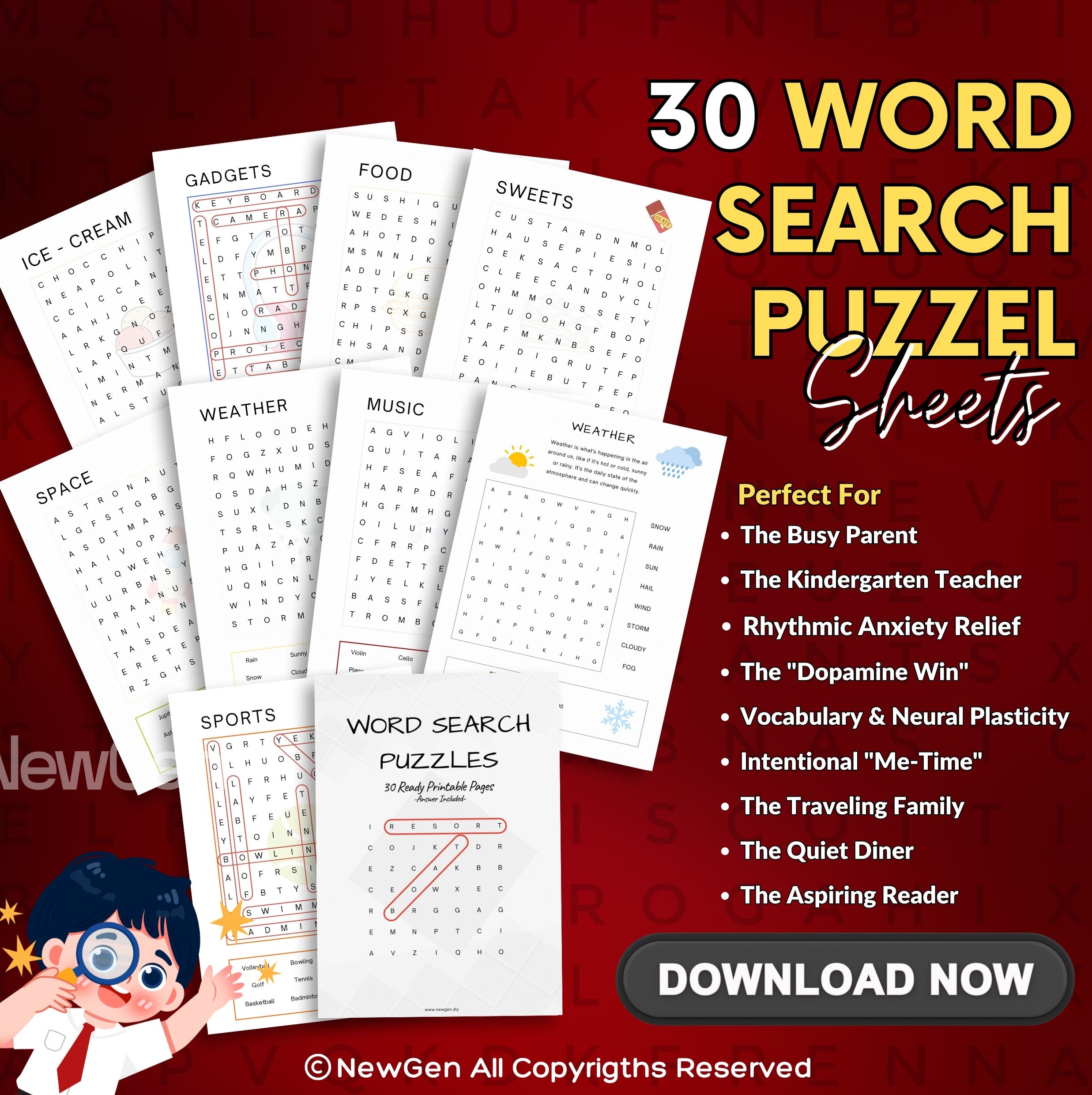 Kids' Word Search Puzzle - 30 Educational Themes