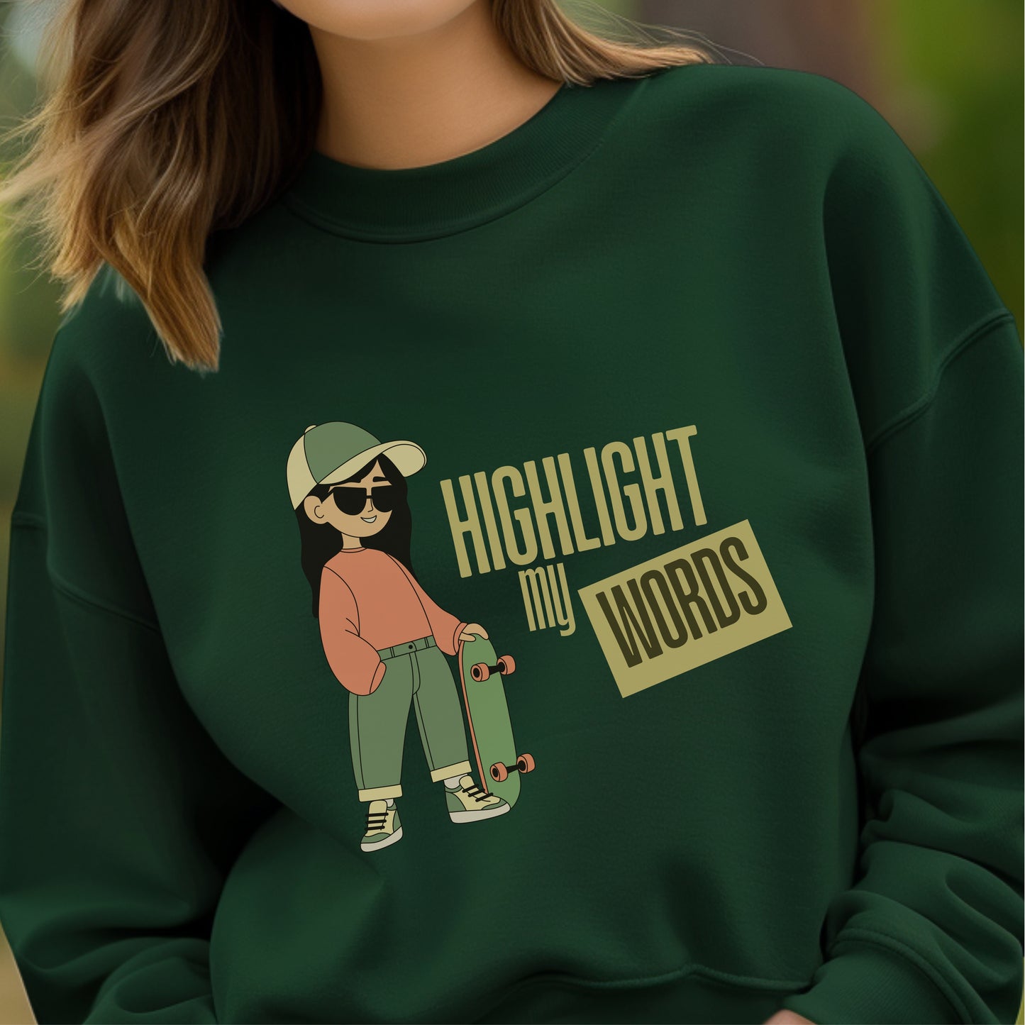 Highlight My Words - Cool Girl with Skateboard Confidence Expression Statement Artwork