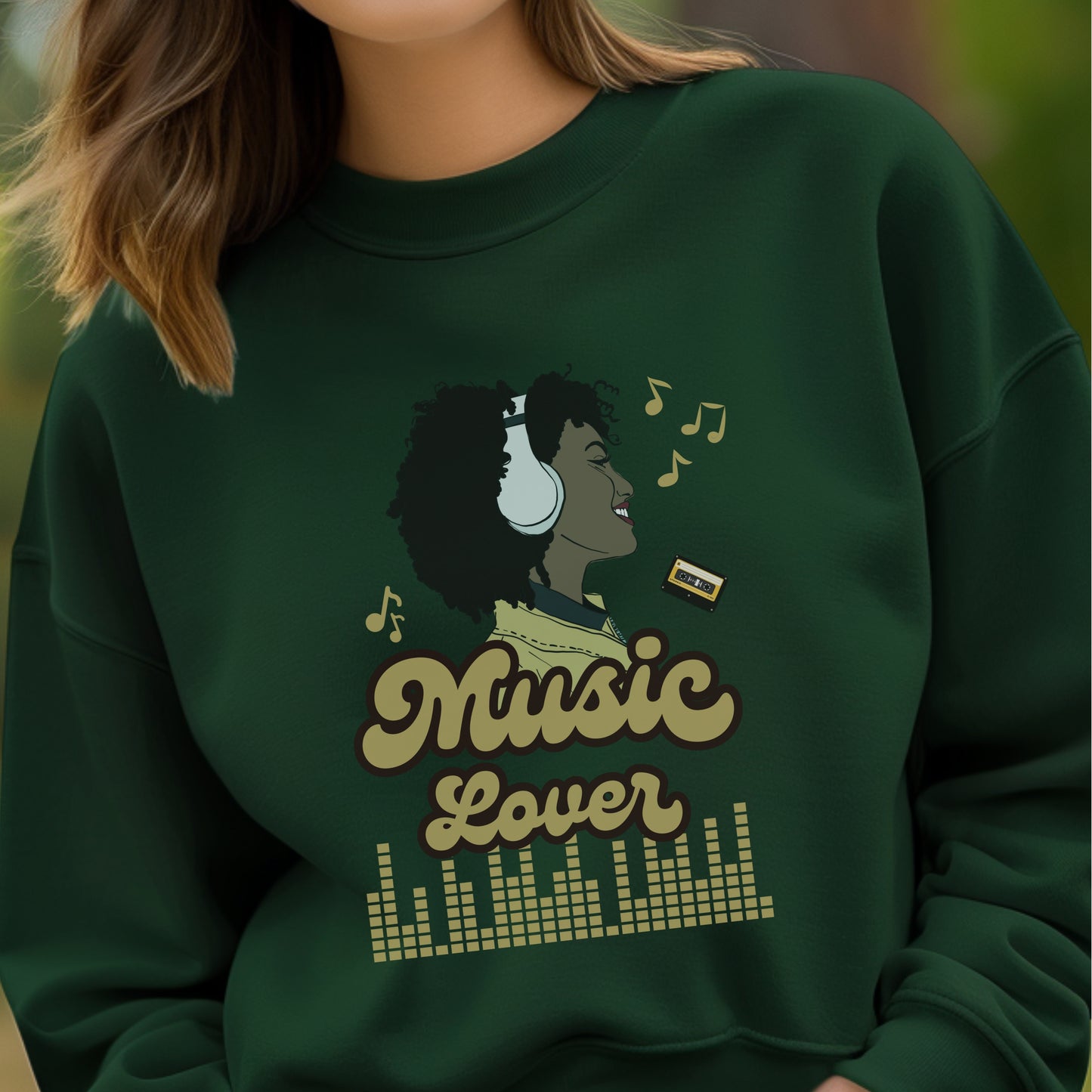 Music Lover - Illustrated Woman with Headphones Pink Script Equalizer Design Artwork