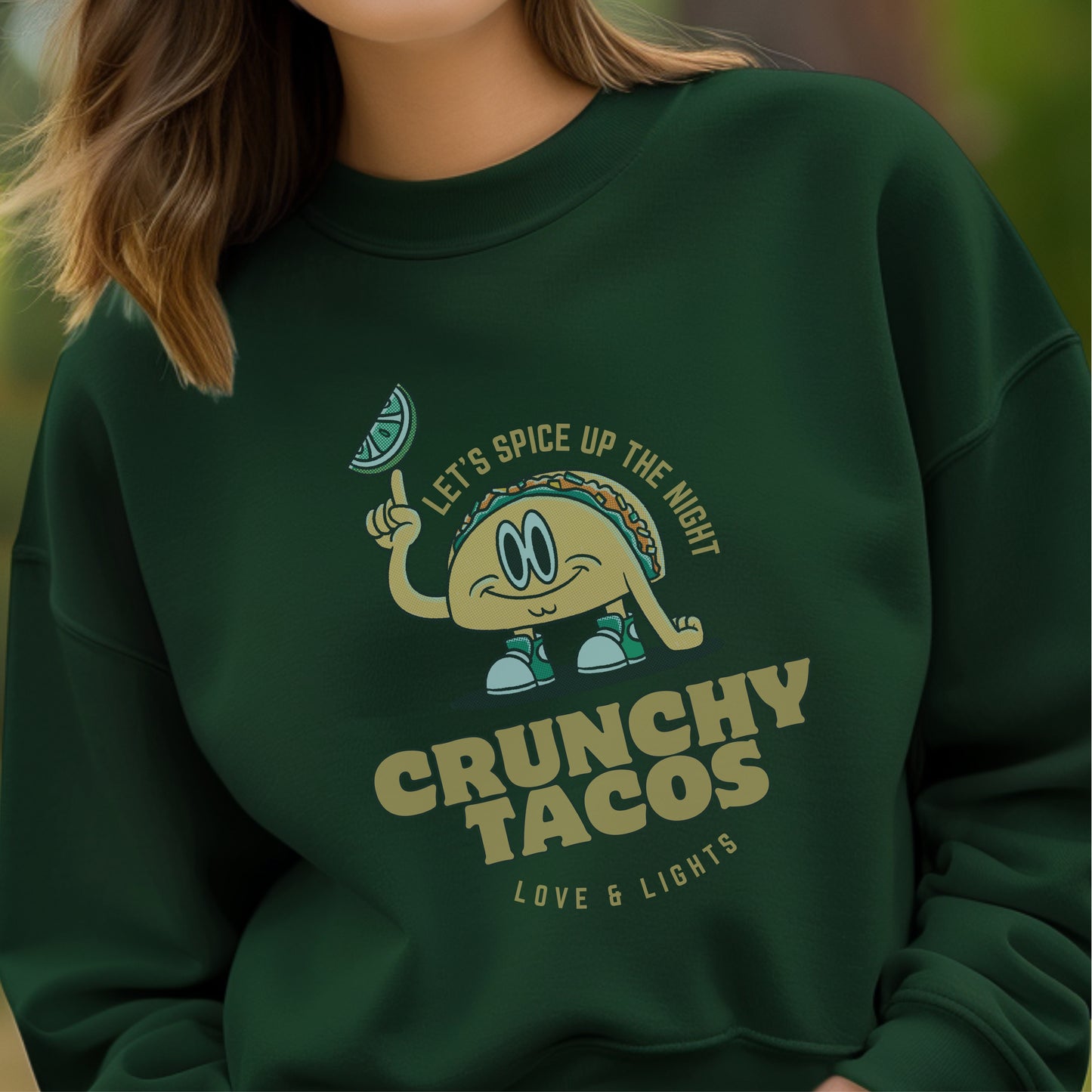 Let's Spice Up The Night - Crunchy Tacos Love & Lights Cartoon Character Fun Food Humor Artwok