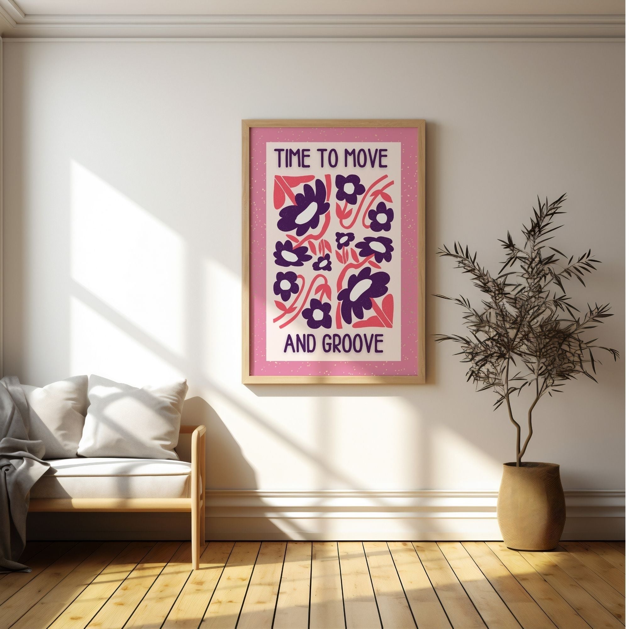 Time To Move And Groove - Retro Floral Dance Wall Art Print | Playful Typography Poster
