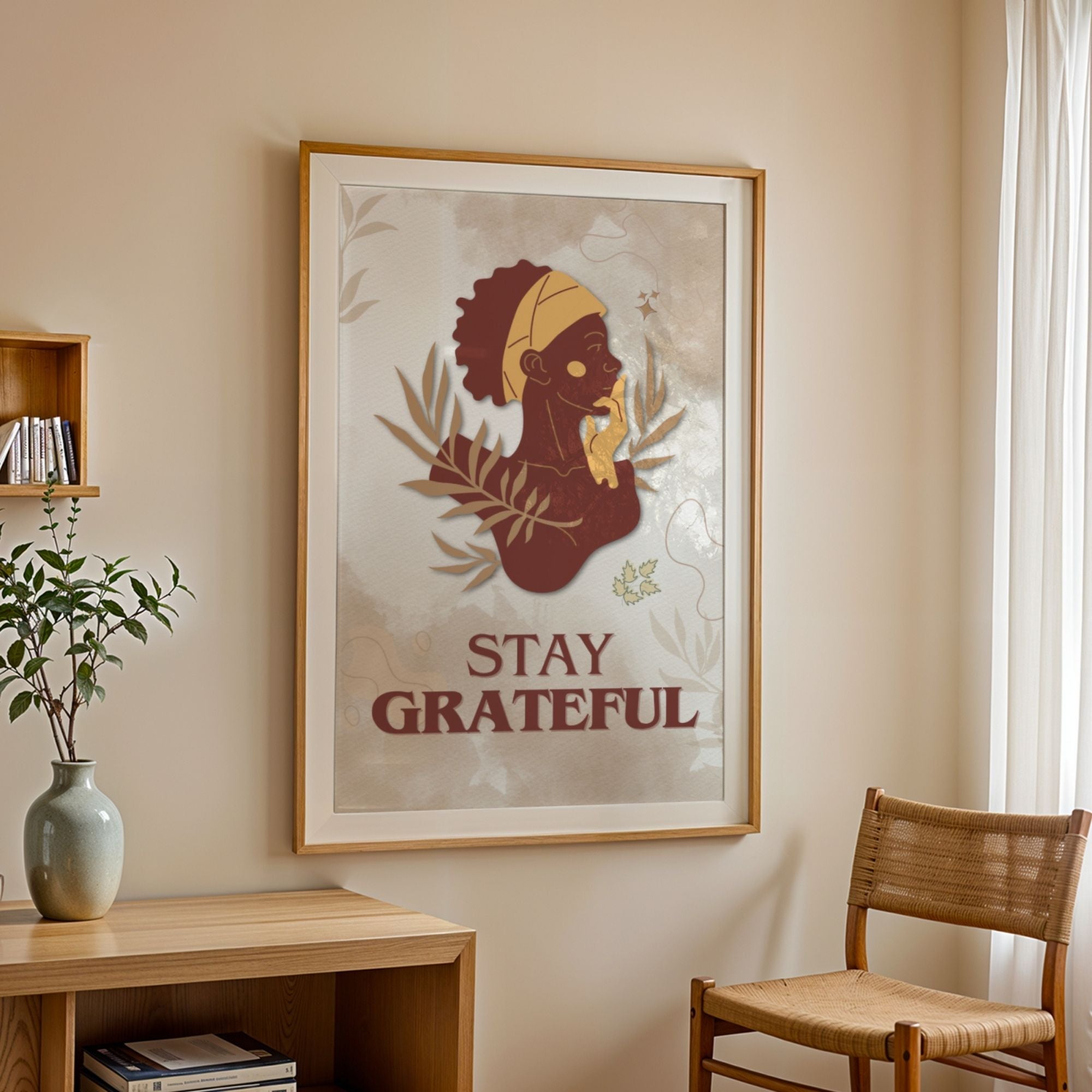 Stay Grateful - African American Gratitude Wall Art | Botanical Portrait Poster