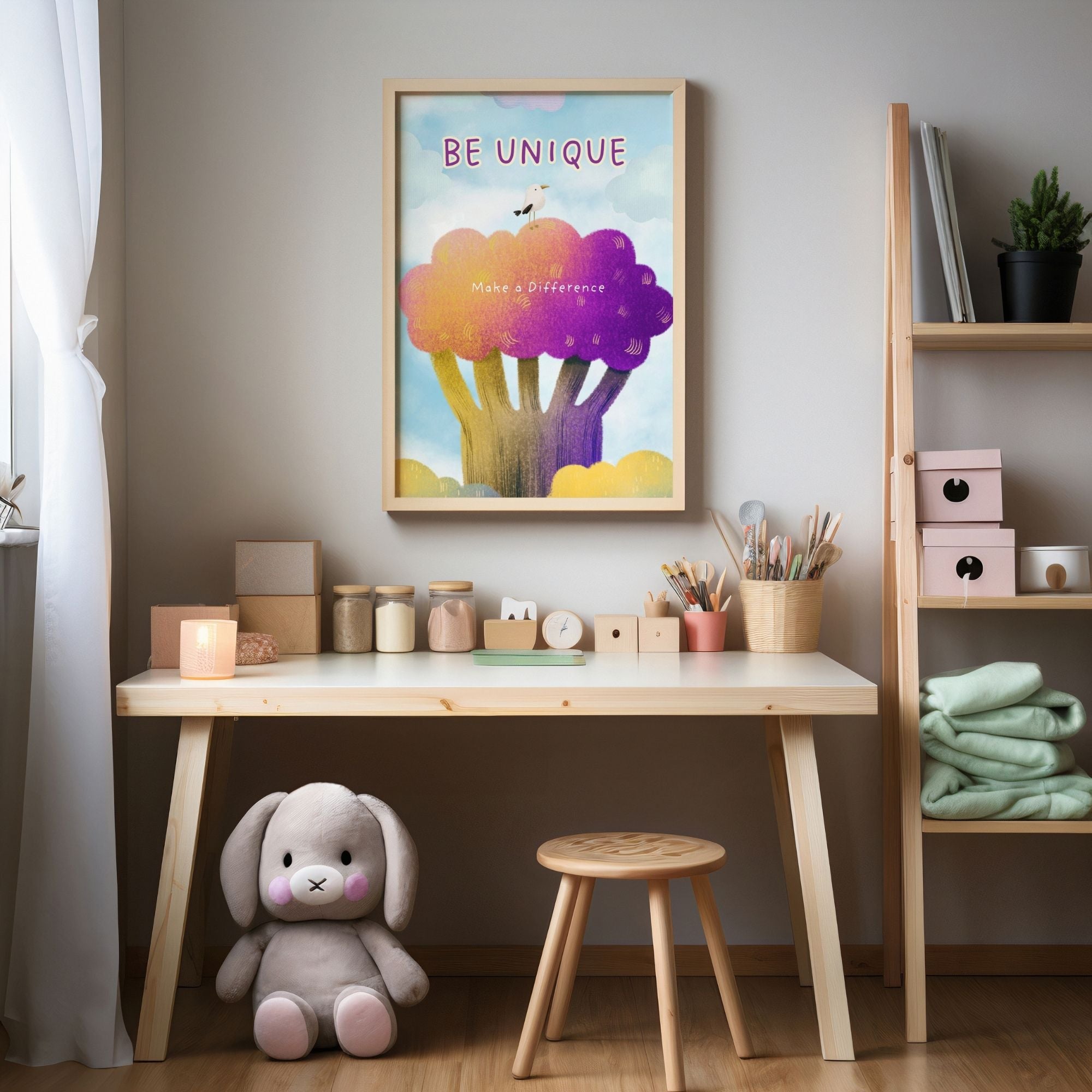 Be Unique - Inspirational Wall Art with Vibrant Rainbow Trees