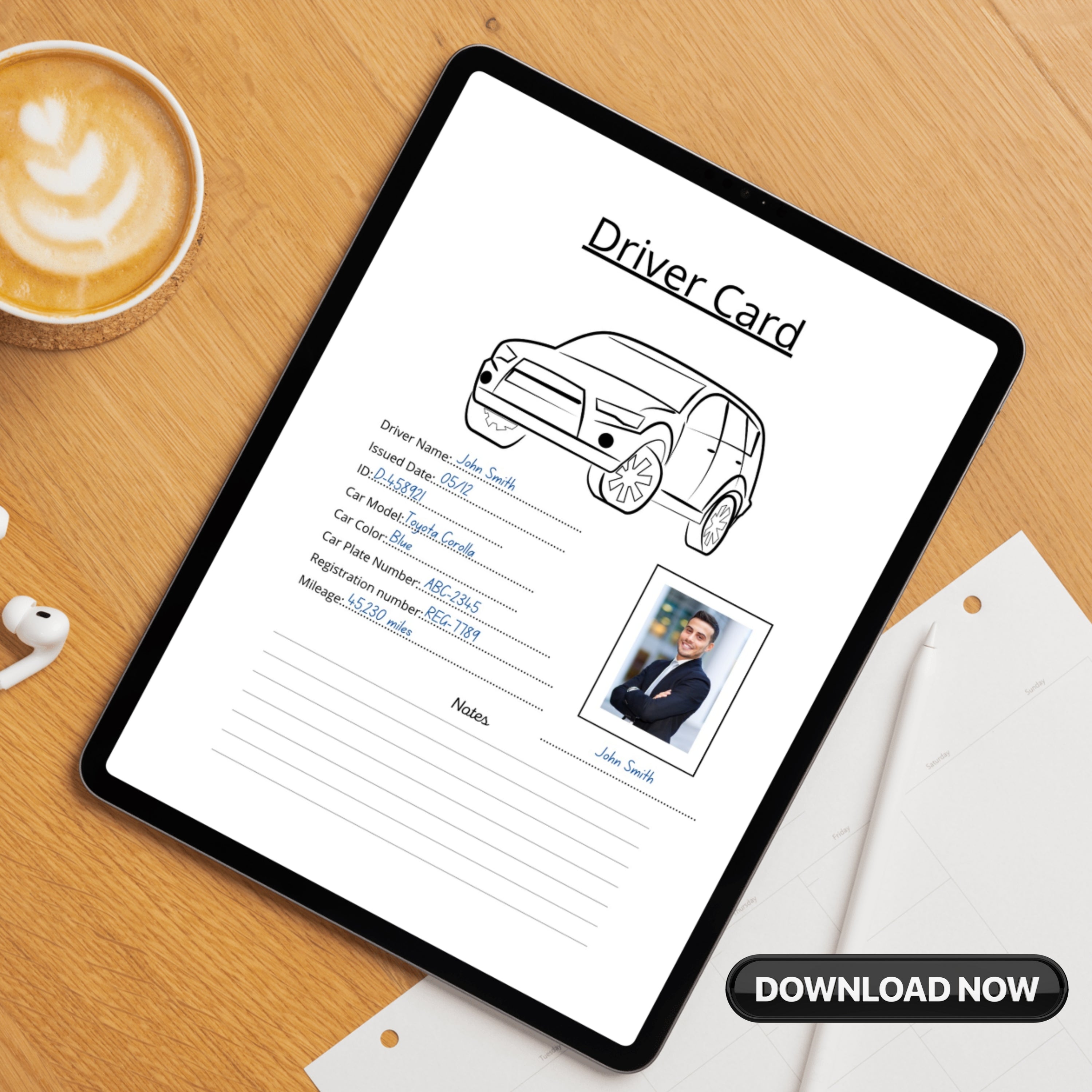 Mileage Tracker + Driver Card Paper Sheets x2